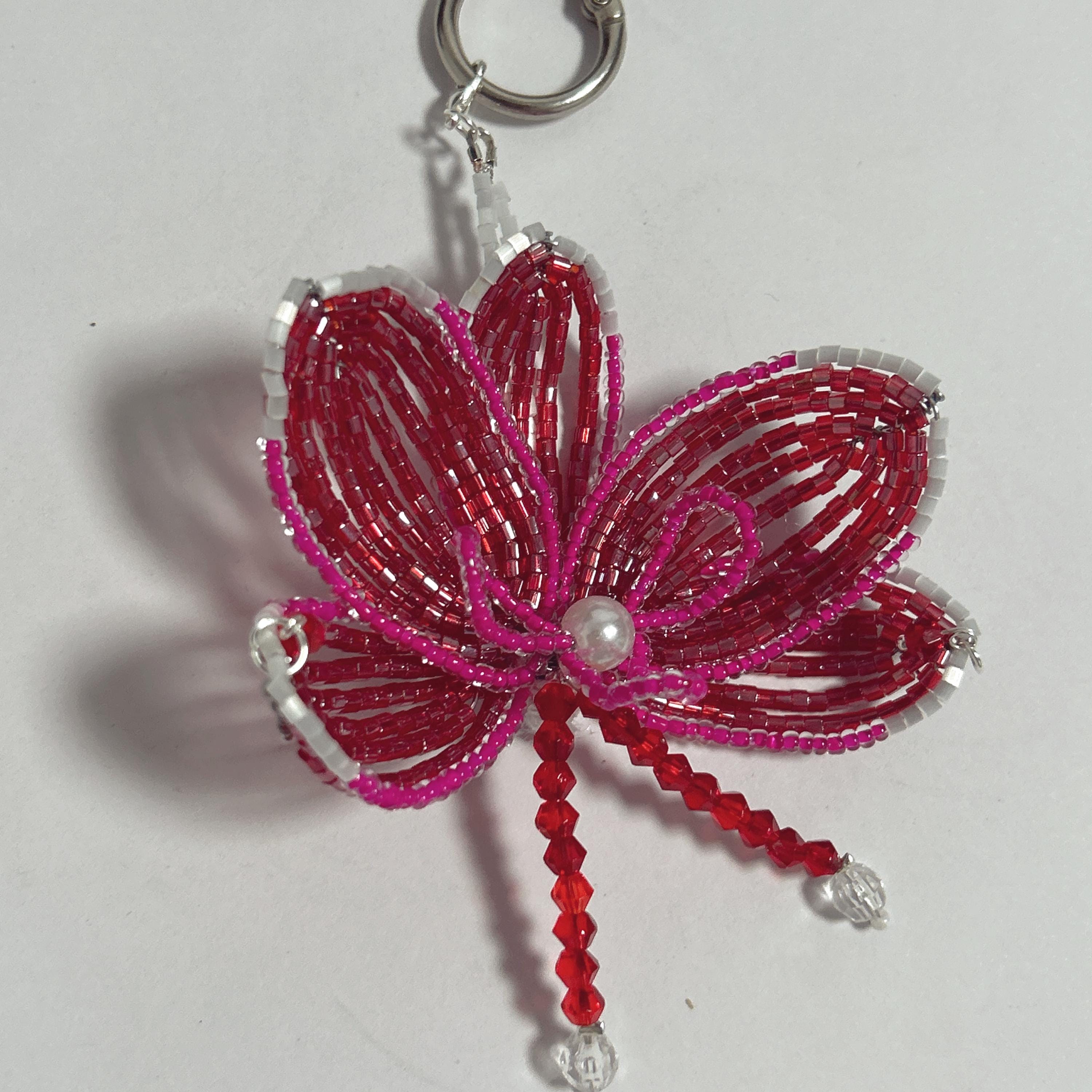 Handmade 3D Crimson & Rose Orchid Beaded Keychain | Pearl Center Red Crystal Tassel Bag Charm Statement