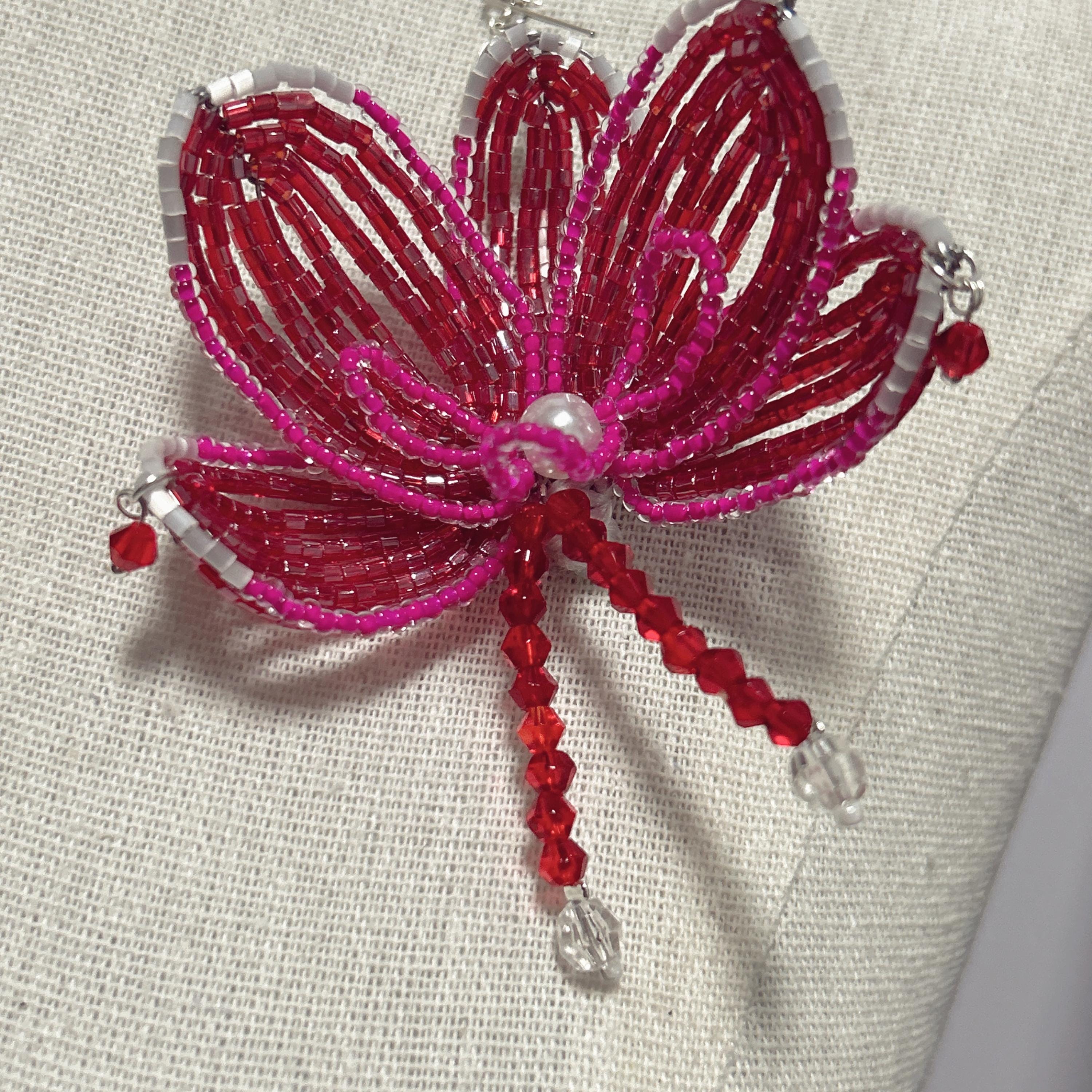 Handmade 3D Crimson & Rose Orchid Beaded Keychain | Pearl Center Red Crystal Tassel Bag Charm Statement