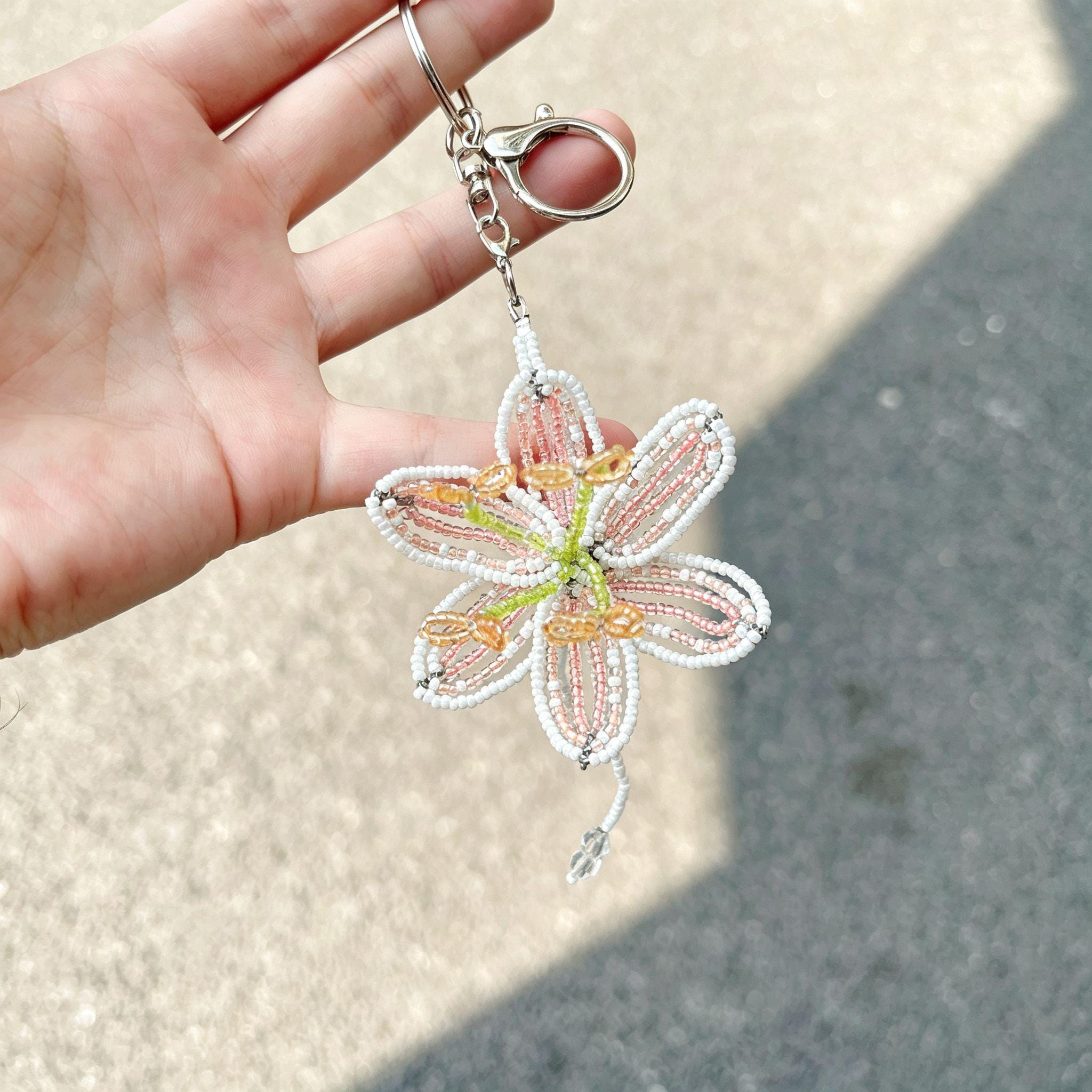Handmade 3D Beaded Lily Flower Keychain | White Pink Striped Petal Green Stem Amber Stamen Bag Charm
