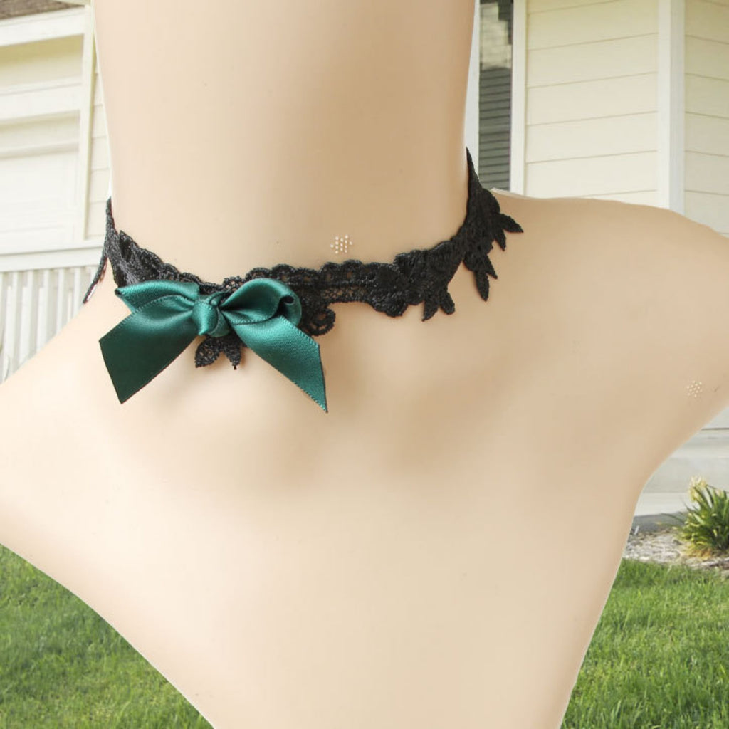 Black Lace Bow Choker Necklace | Dark Green Satin Ribbon Bow Gothic Lolita Dark Romance Halloween Jewelry
