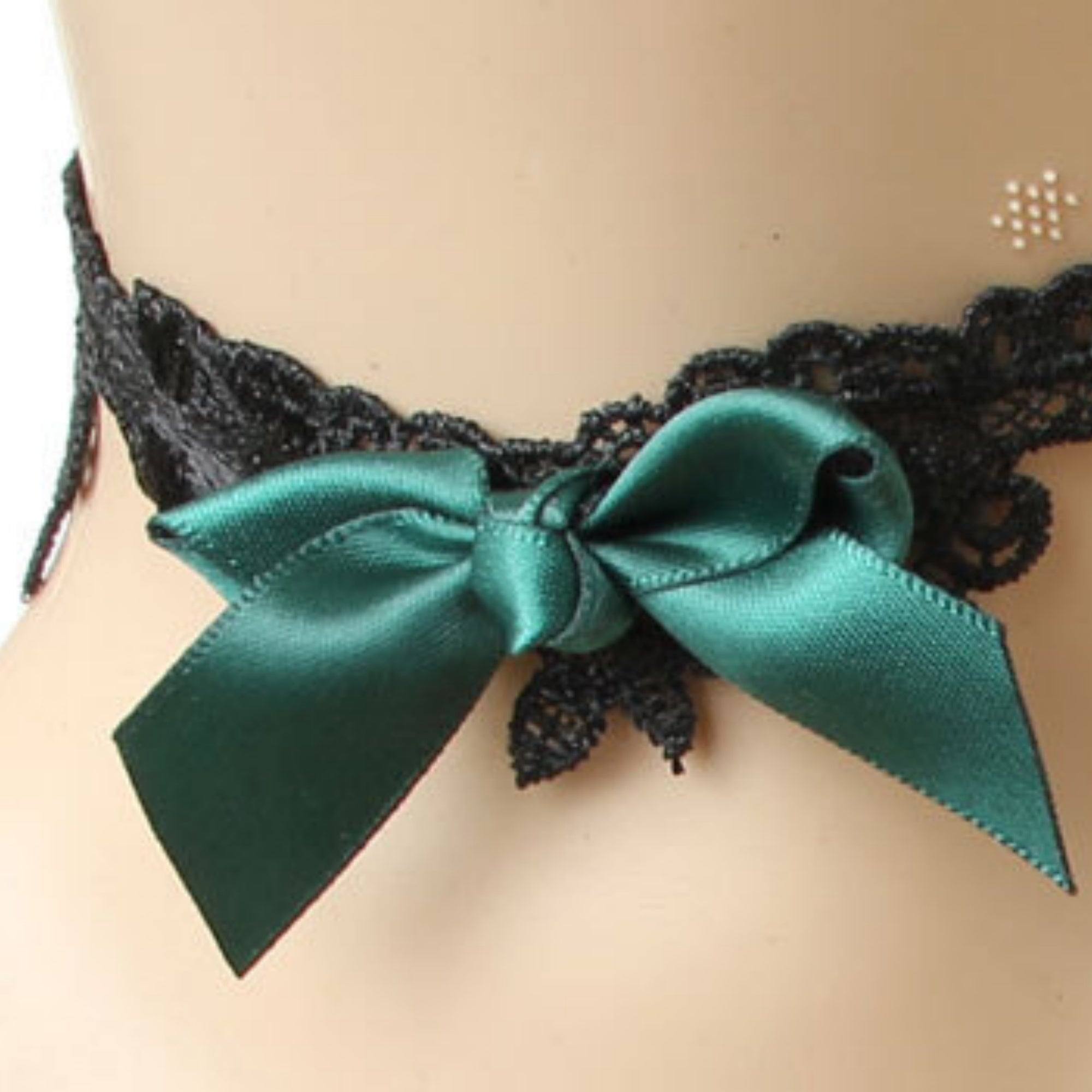 Black Lace Bow Choker Necklace | Dark Green Satin Ribbon Bow Gothic Lolita Dark Romance Halloween Jewelry