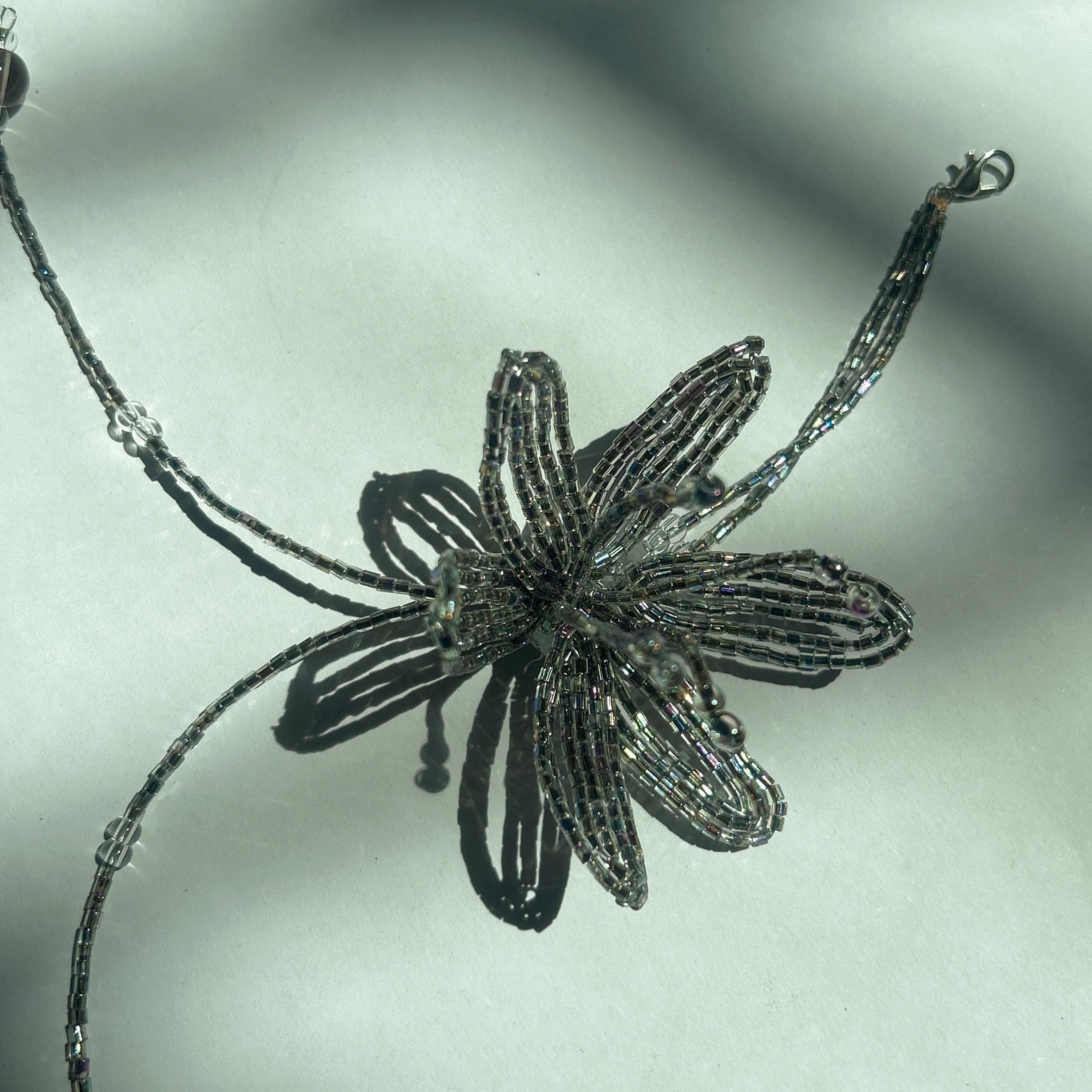 Handmade 3D Silver Aurora Iridescent Lily Flower Beaded Keychain | Metallic Rainbow Tube Bead Bag Charm