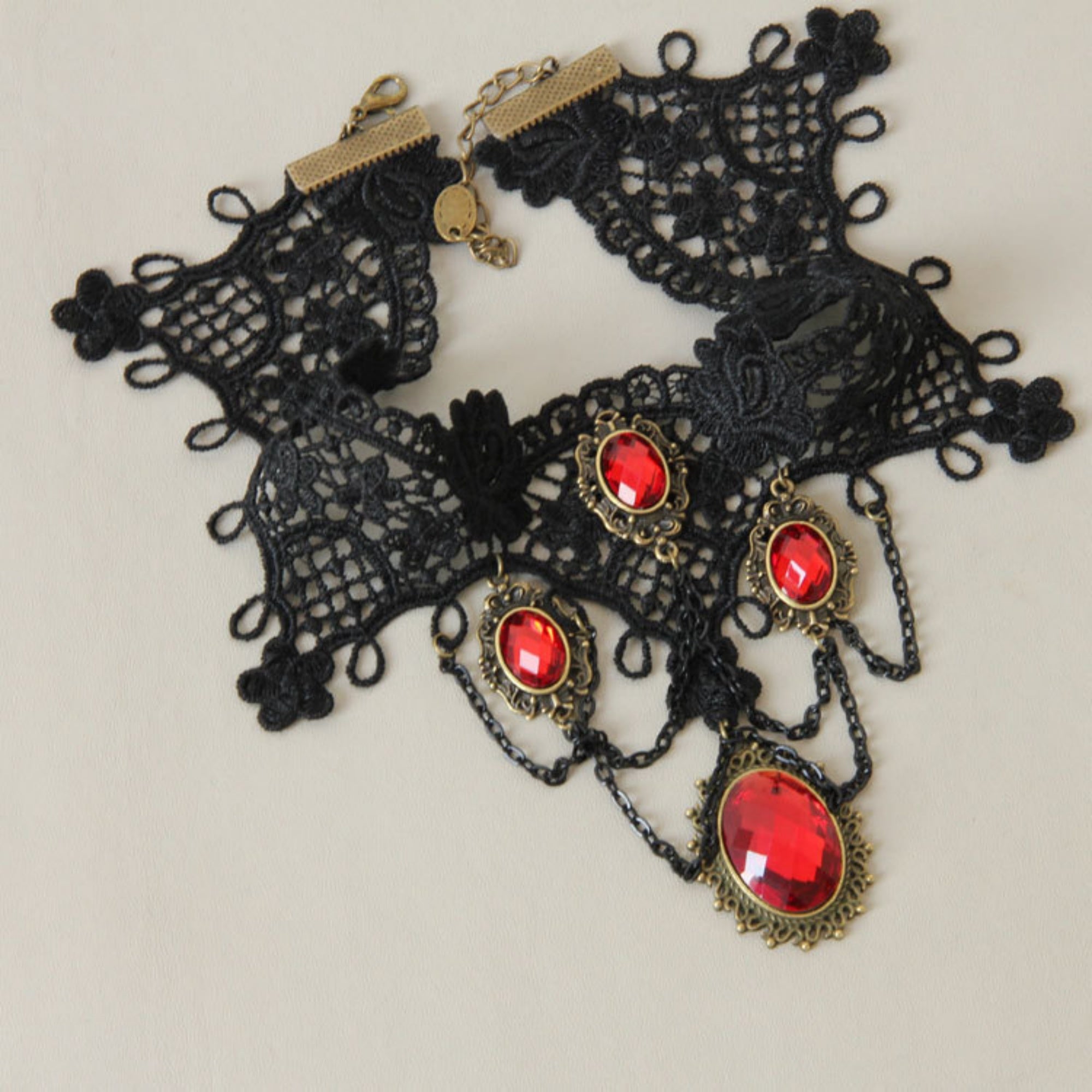 Halloween Victorian Gothic Black Lace Red Ruby Gem Cascade Choker Necklace | Vampire Antique Bronze Dark Romance Halloween Jewelry