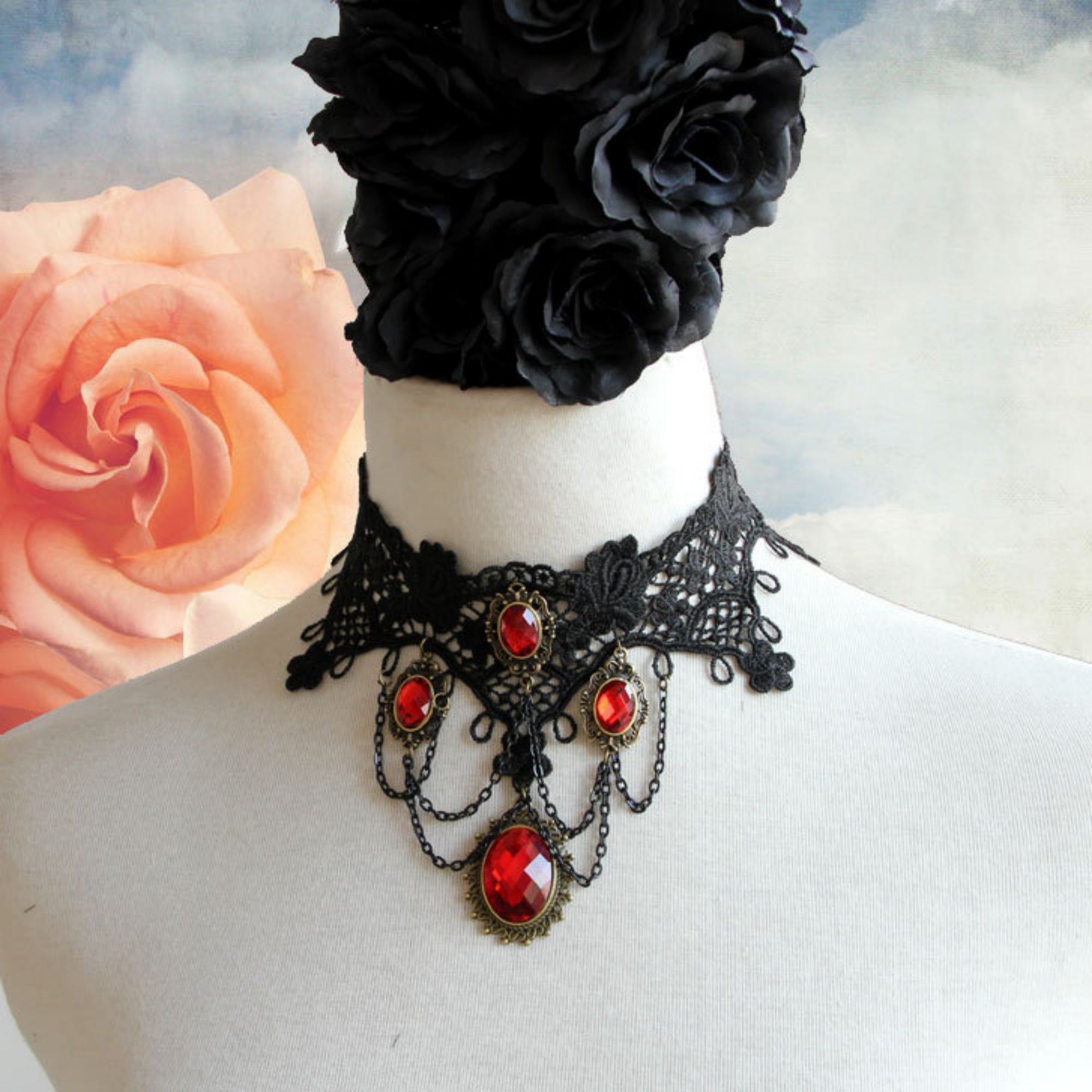Halloween Victorian Gothic Black Lace Red Ruby Gem Cascade Choker Necklace | Vampire Antique Bronze Dark Romance Halloween Jewelry