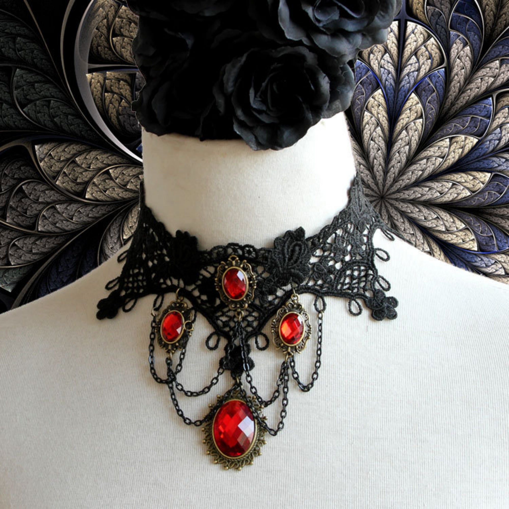 Halloween Victorian Gothic Black Lace Red Ruby Gem Cascade Choker Necklace | Vampire Antique Bronze Dark Romance Halloween Jewelry