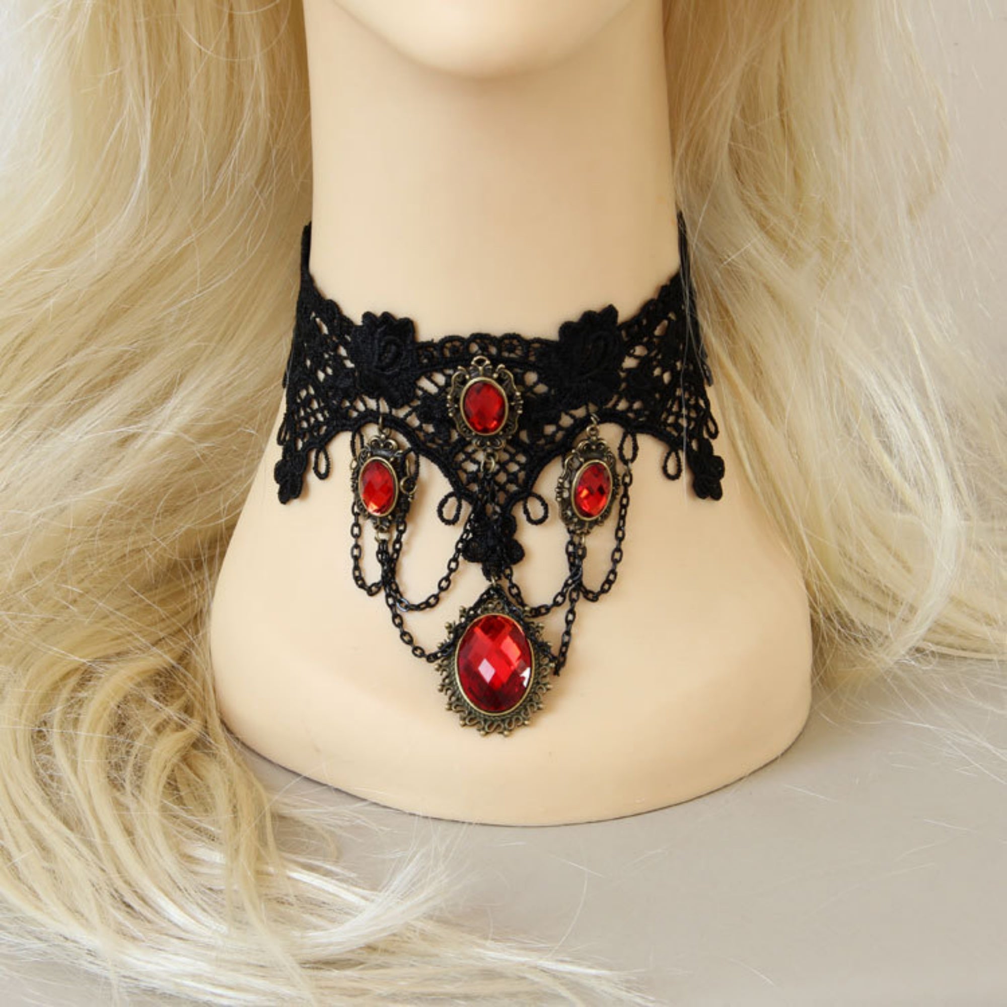 Halloween Victorian Gothic Black Lace Red Ruby Gem Cascade Choker Necklace | Vampire Antique Bronze Dark Romance Halloween Jewelry