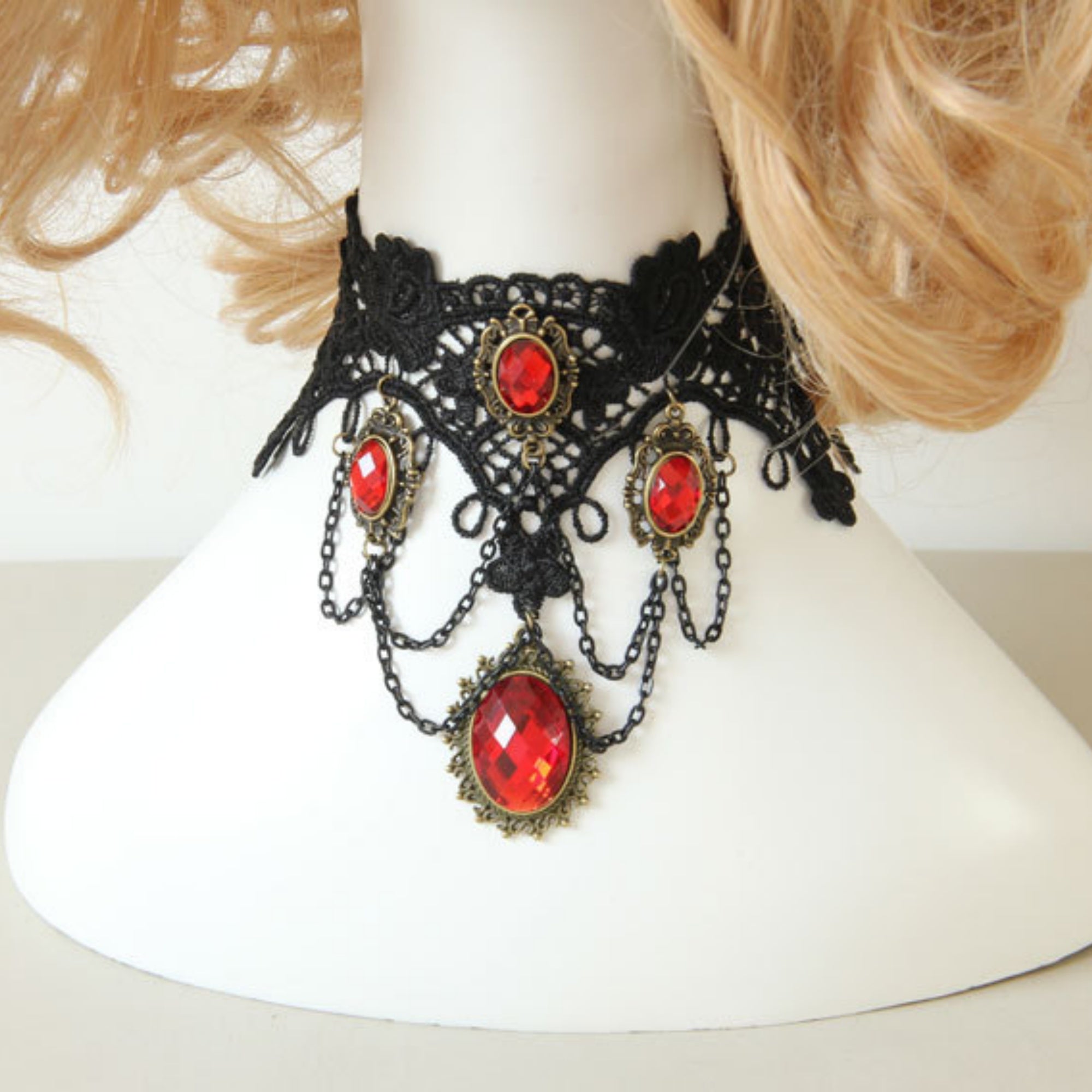 Halloween Victorian Gothic Black Lace Red Ruby Gem Cascade Choker Necklace | Vampire Antique Bronze Dark Romance Halloween Jewelry