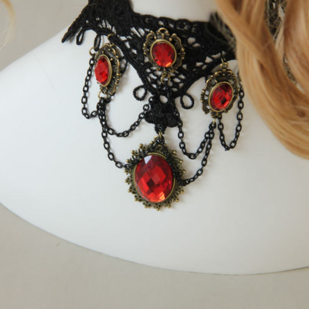 Halloween Victorian Gothic Black Lace Red Ruby Gem Cascade Choker Necklace | Vampire Antique Bronze Dark Romance Halloween Jewelry