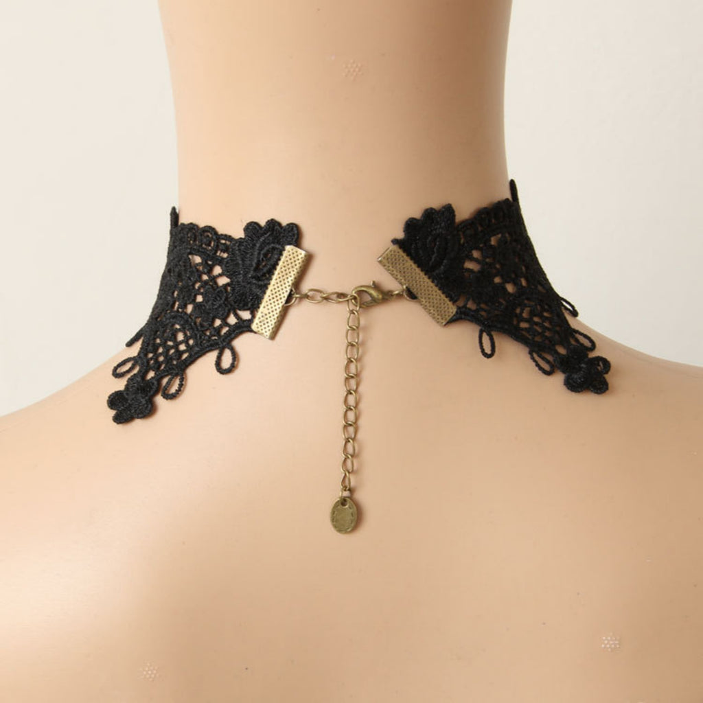 Halloween Victorian Gothic Black Lace Red Ruby Gem Cascade Choker Necklace | Vampire Antique Bronze Dark Romance Halloween Jewelry