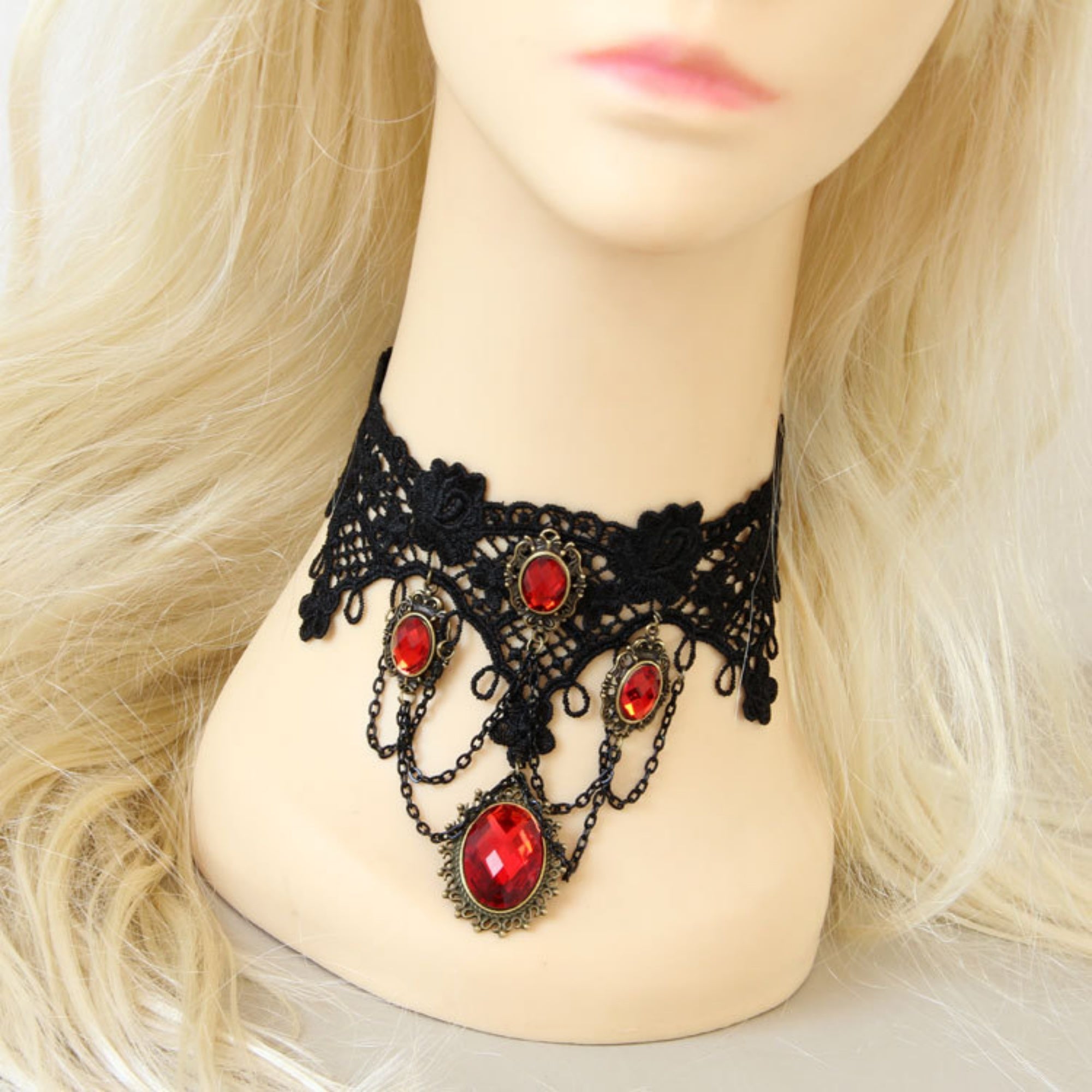 Halloween Victorian Gothic Black Lace Red Ruby Gem Cascade Choker Necklace | Vampire Antique Bronze Dark Romance Halloween Jewelry