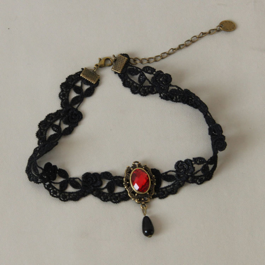 Victorian Gothic Double Layer Black Lace Choker Necklace | Antique Bronze Red Ruby Gem Black Teardrop Pendant Dark Romance Halloween Jewelry