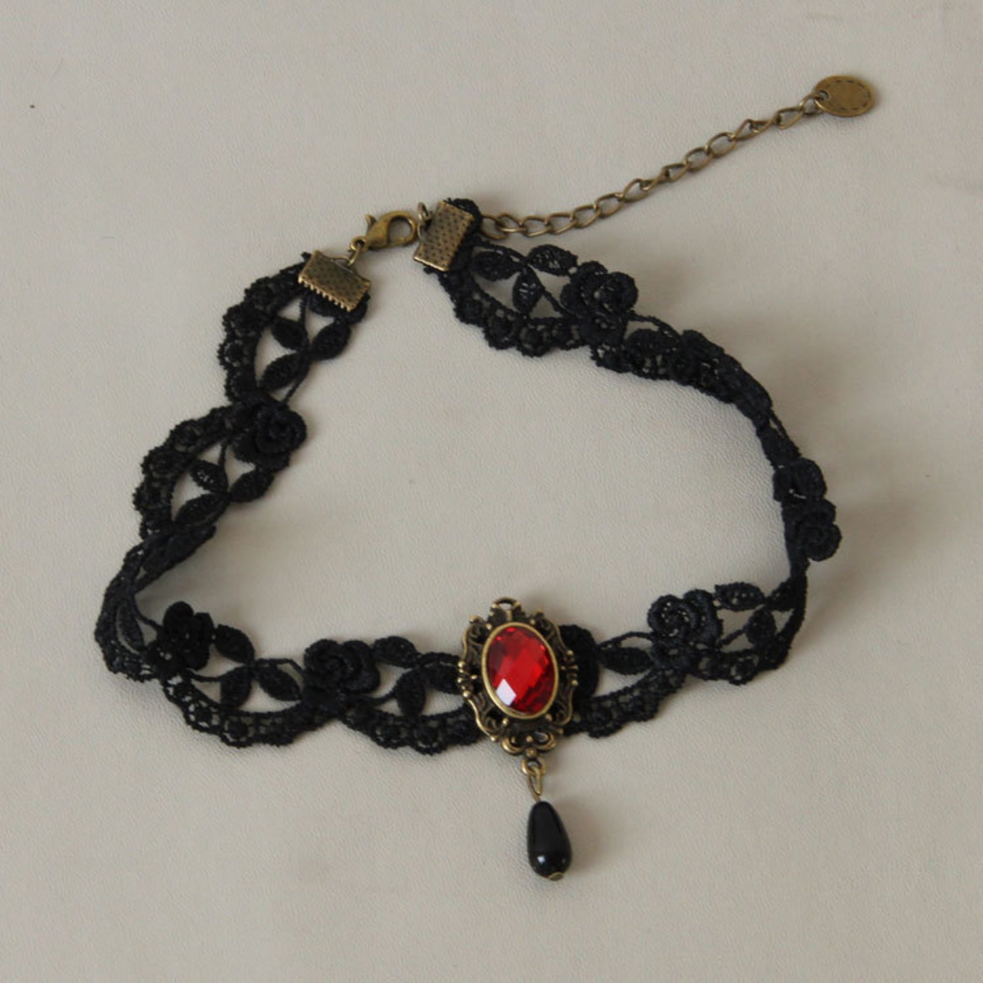 Victorian Gothic Double Layer Black Lace Choker Necklace | Antique Bronze Red Ruby Gem Black Teardrop Pendant Dark Romance Halloween Jewelry