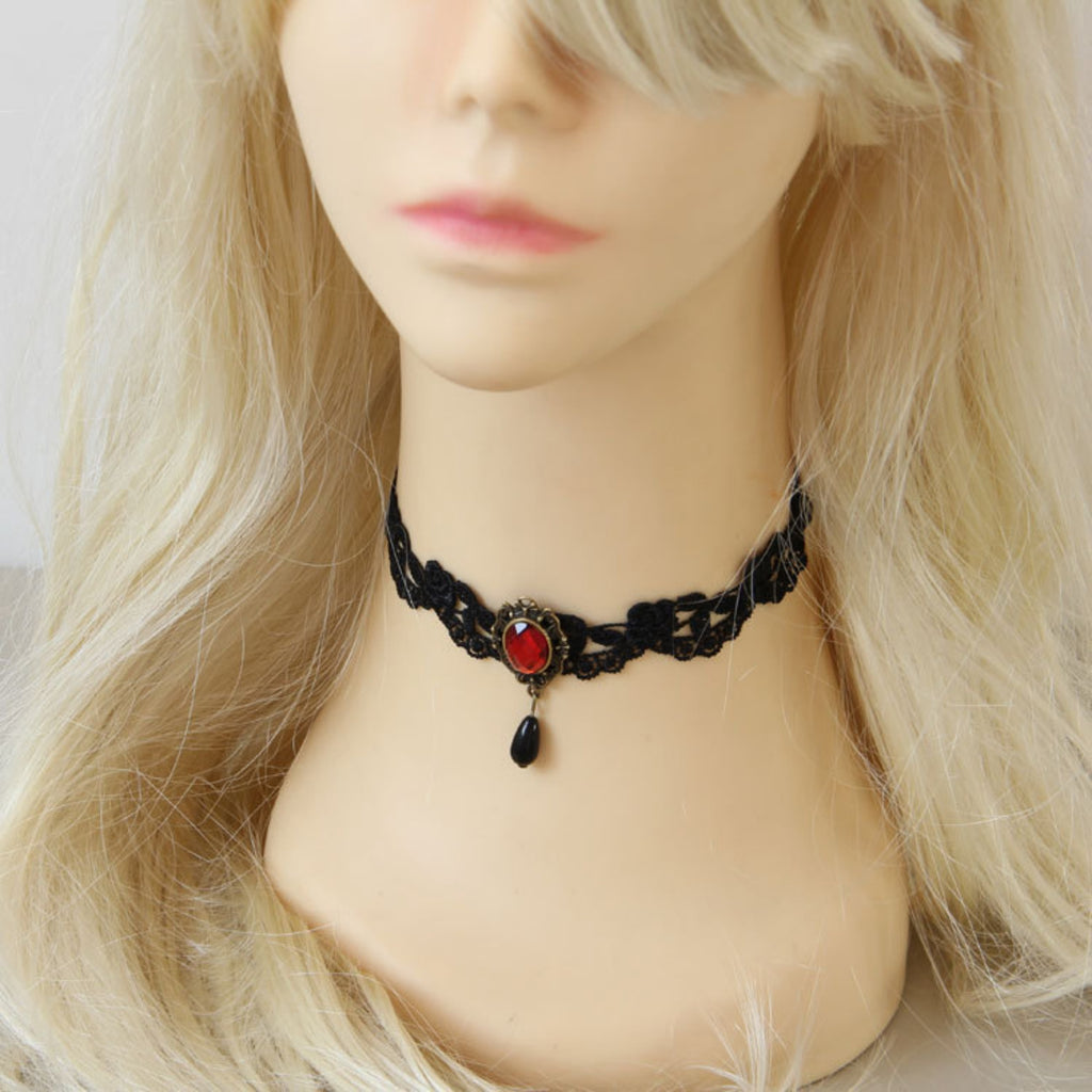Victorian Gothic Double Layer Black Lace Choker Necklace | Antique Bronze Red Ruby Gem Black Teardrop Pendant Dark Romance Halloween Jewelry