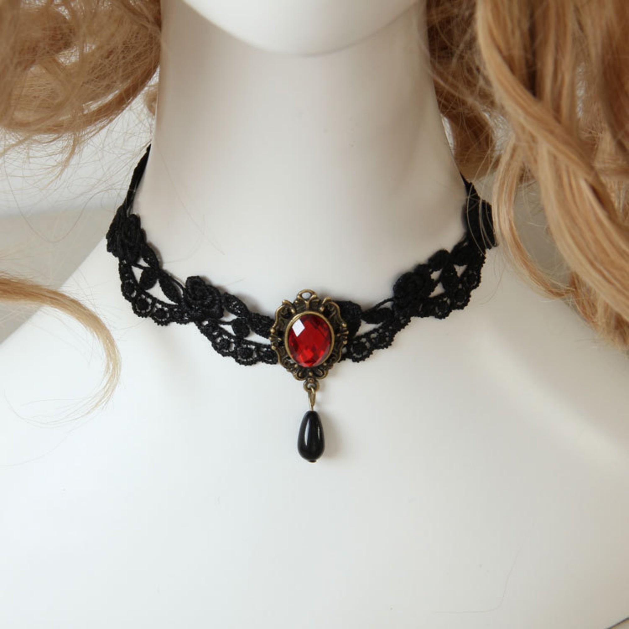 Victorian Gothic Double Layer Black Lace Choker Necklace | Antique Bronze Red Ruby Gem Black Teardrop Pendant Dark Romance Halloween Jewelry