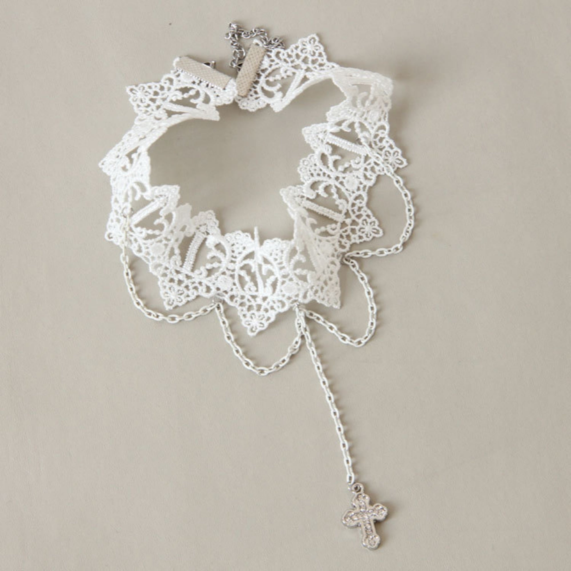 White Lace Wide Choker Necklace | Silver Multi-Chain Cross Pendant Lolita Angel Dark Romance Bridal Halloween Jewelry