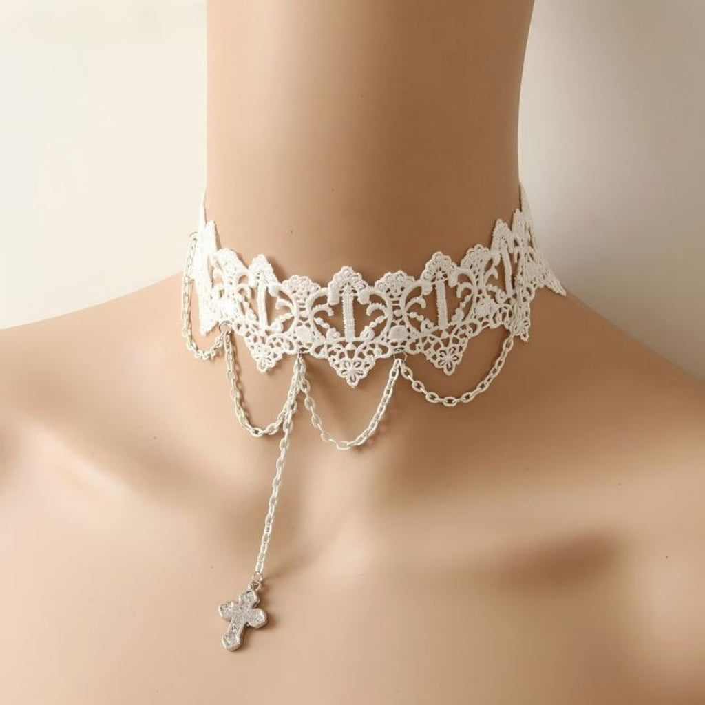 White Lace Wide Choker Necklace | Silver Multi-Chain Cross Pendant Lolita Angel Dark Romance Bridal Halloween Jewelry