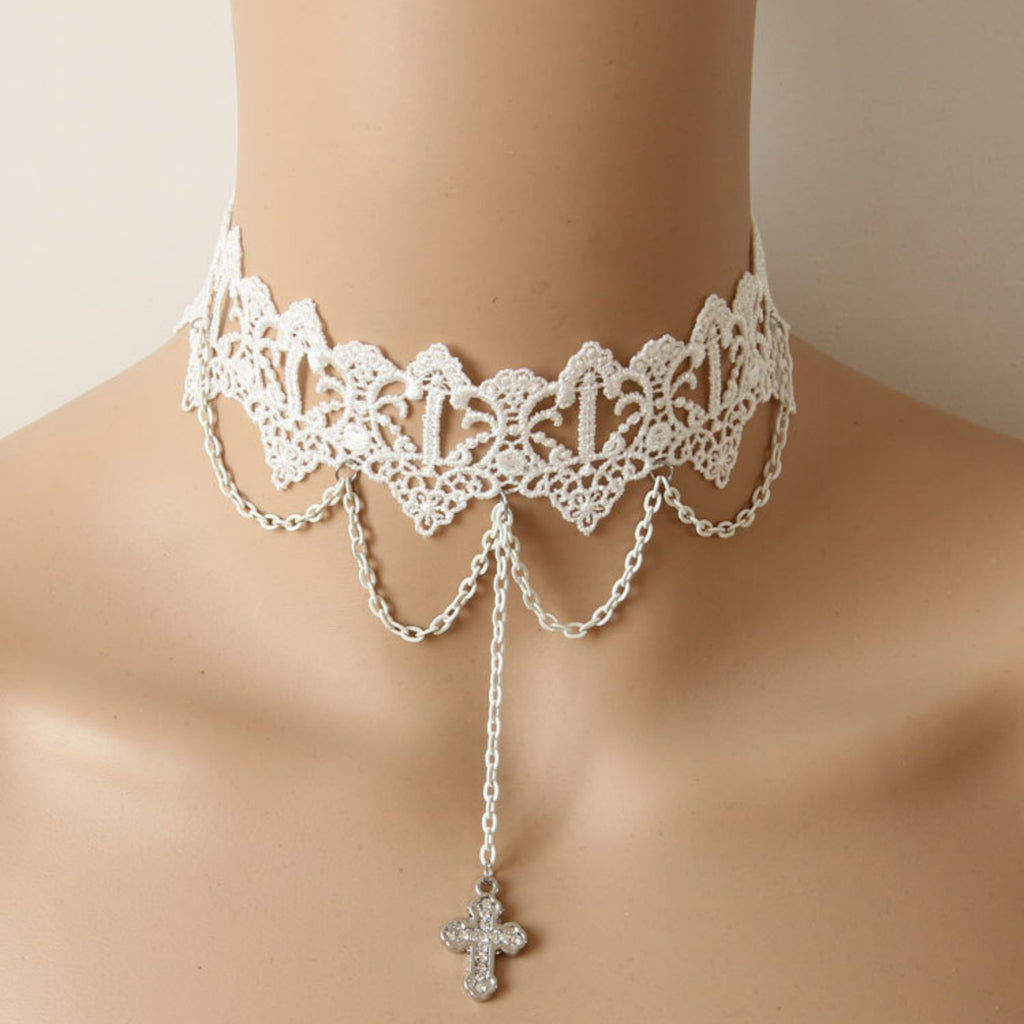 White Lace Wide Choker Necklace | Silver Multi-Chain Cross Pendant Lolita Angel Dark Romance Bridal Halloween Jewelry