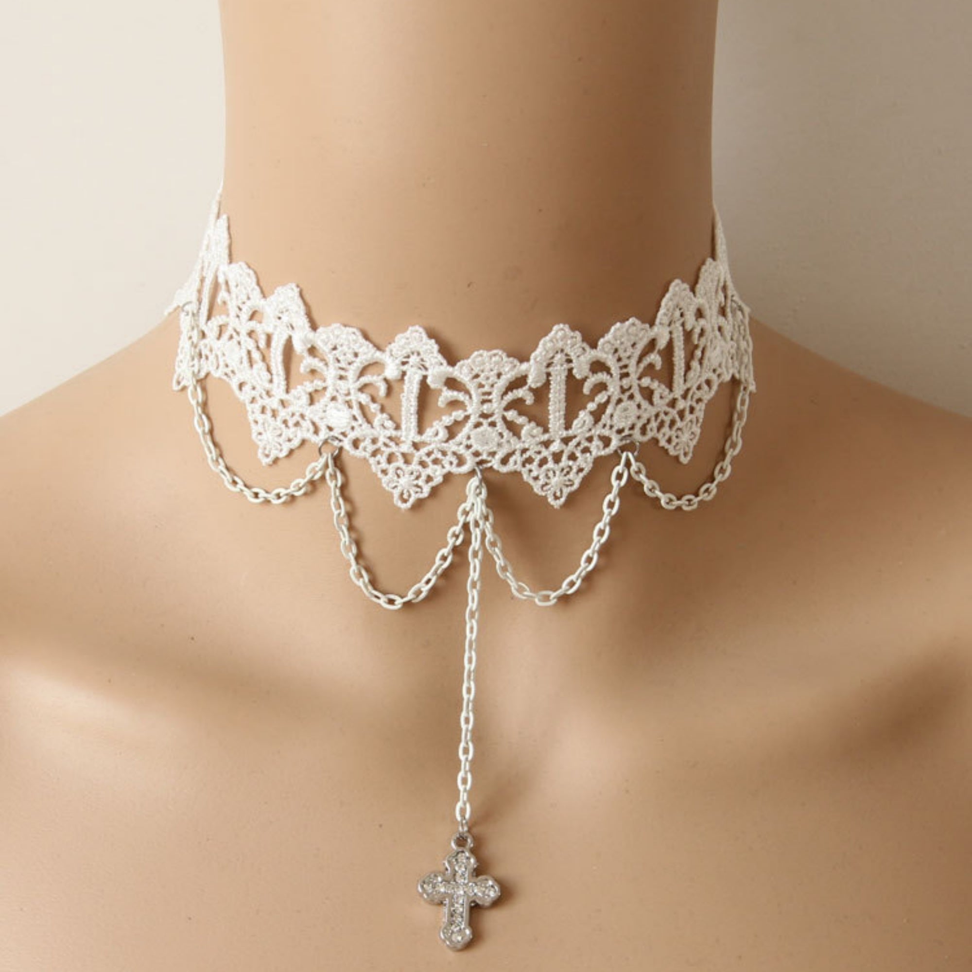 White Lace Wide Choker Necklace | Silver Multi-Chain Cross Pendant Lolita Angel Dark Romance Bridal Halloween Jewelry