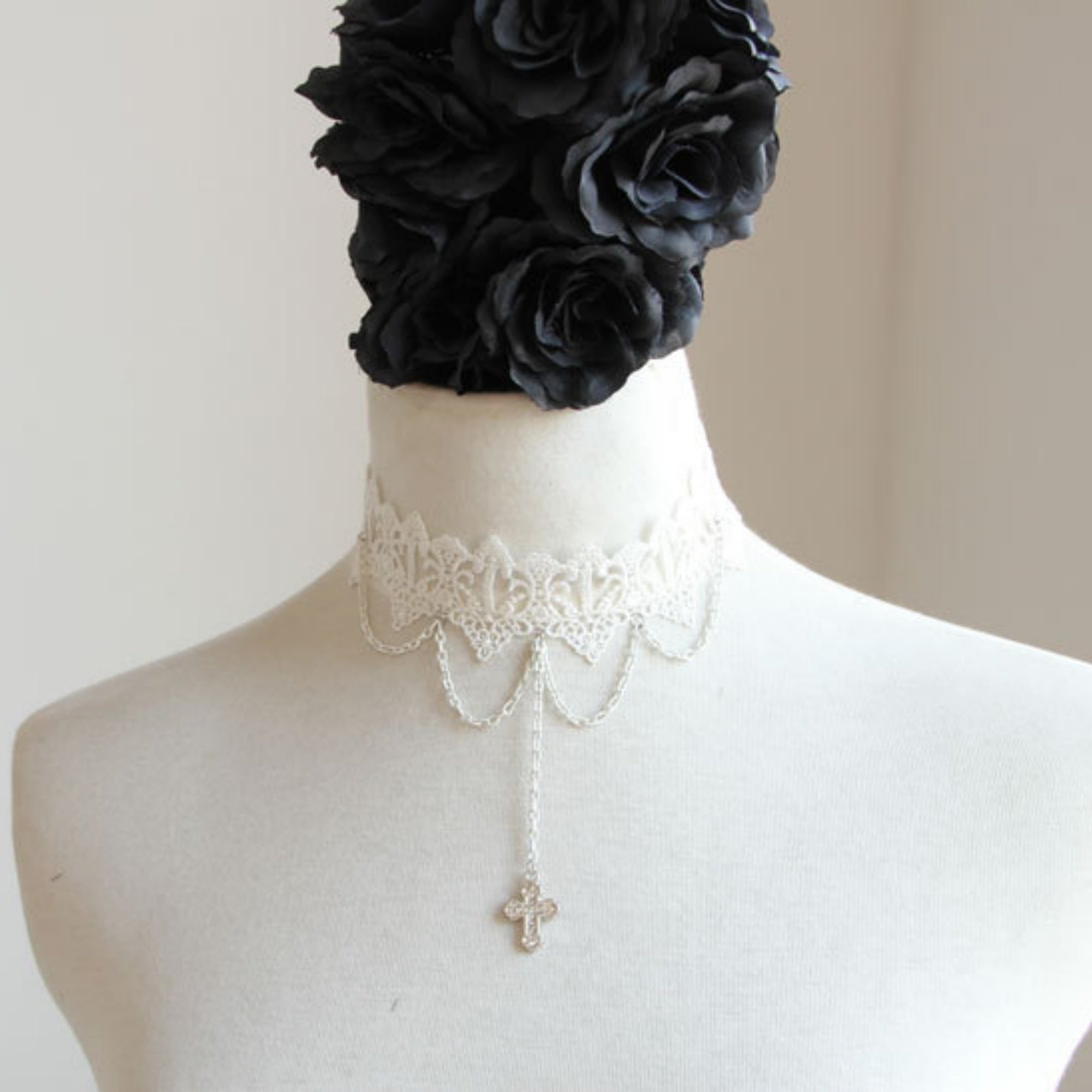 White Lace Wide Choker Necklace | Silver Multi-Chain Cross Pendant Lolita Angel Dark Romance Bridal Halloween Jewelry