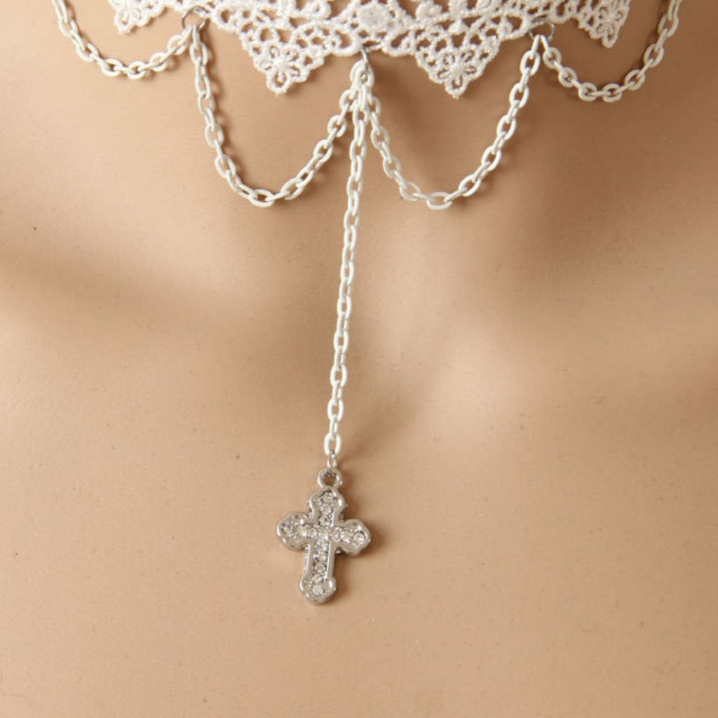 White Lace Wide Choker Necklace | Silver Multi-Chain Cross Pendant Lolita Angel Dark Romance Bridal Halloween Jewelry