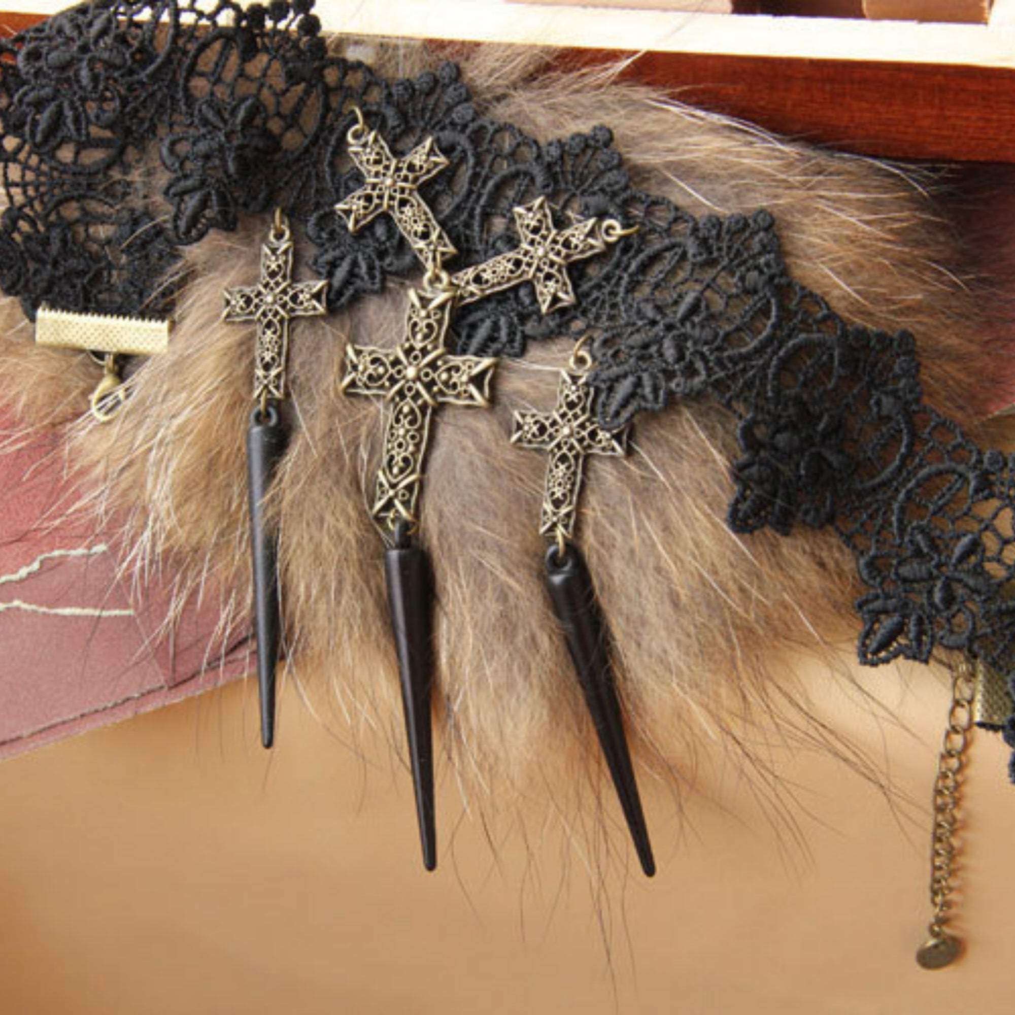 Gothic Punk Black Lace Choker Necklace | 5 Antique Bronze Filigree Cross Black Spike Drop Dark Halloween Jewelry