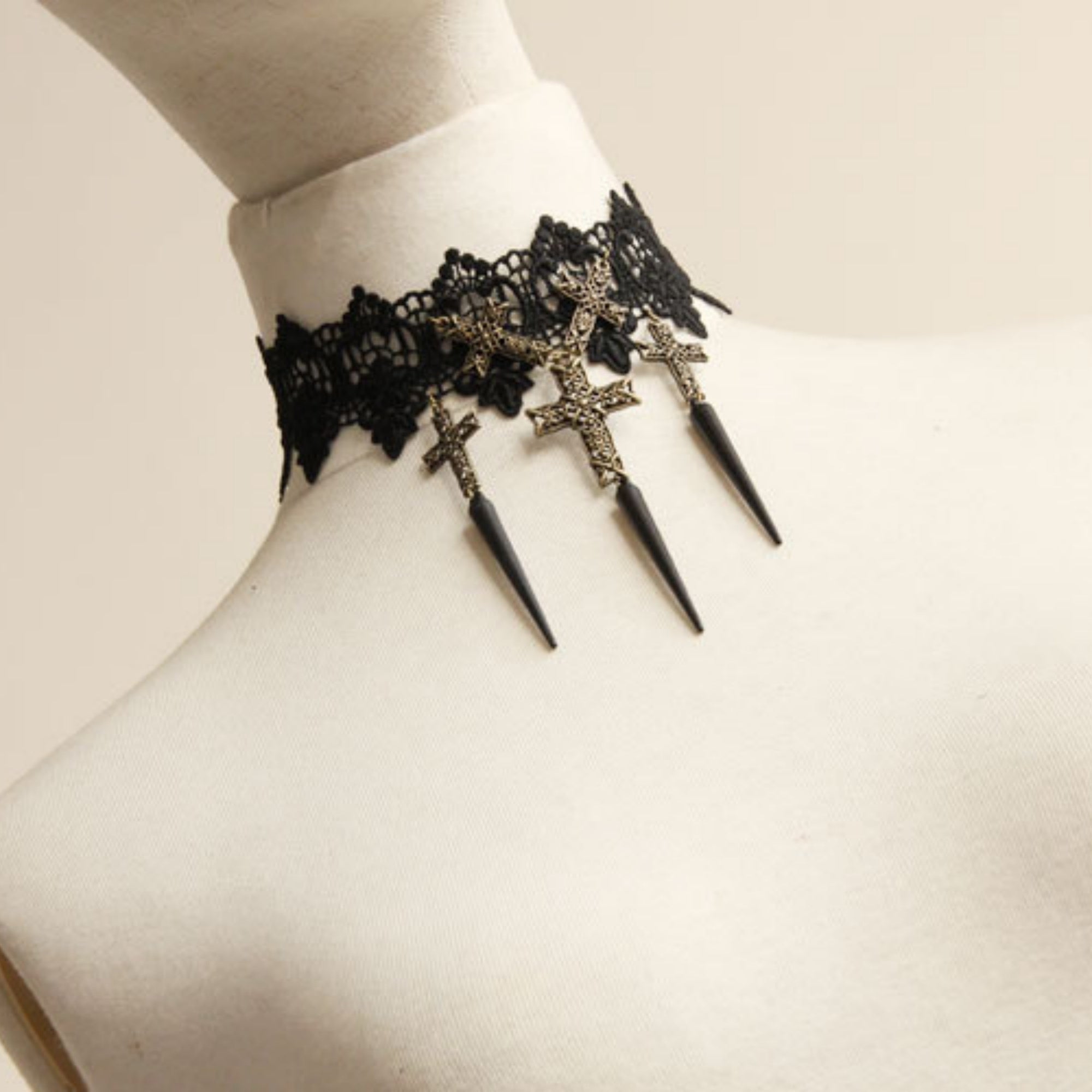 Gothic Punk Black Lace Choker Necklace | 5 Antique Bronze Filigree Cross Black Spike Drop Dark Halloween Jewelry