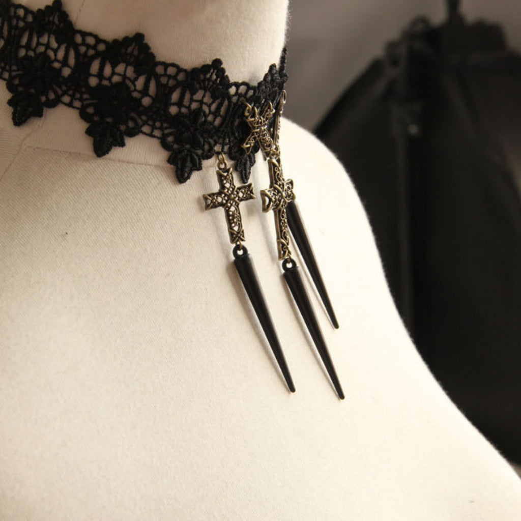 Gothic Punk Black Lace Choker Necklace | 5 Antique Bronze Filigree Cross Black Spike Drop Dark Halloween Jewelry