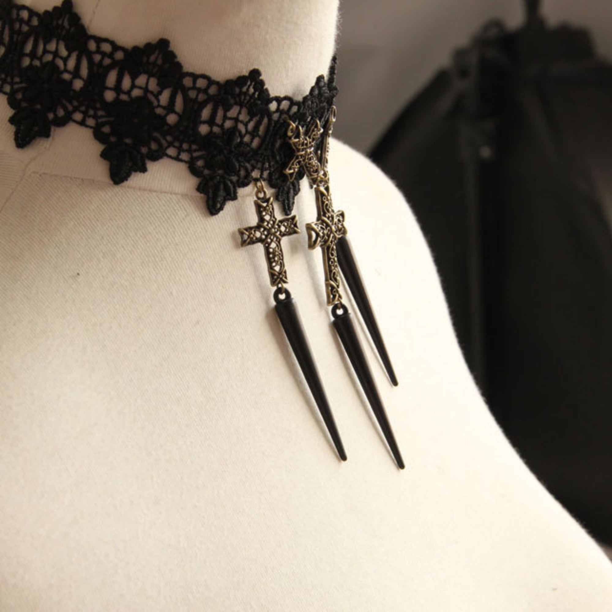 Gothic Punk Black Lace Choker Necklace | 5 Antique Bronze Filigree Cross Black Spike Drop Dark Halloween Jewelry
