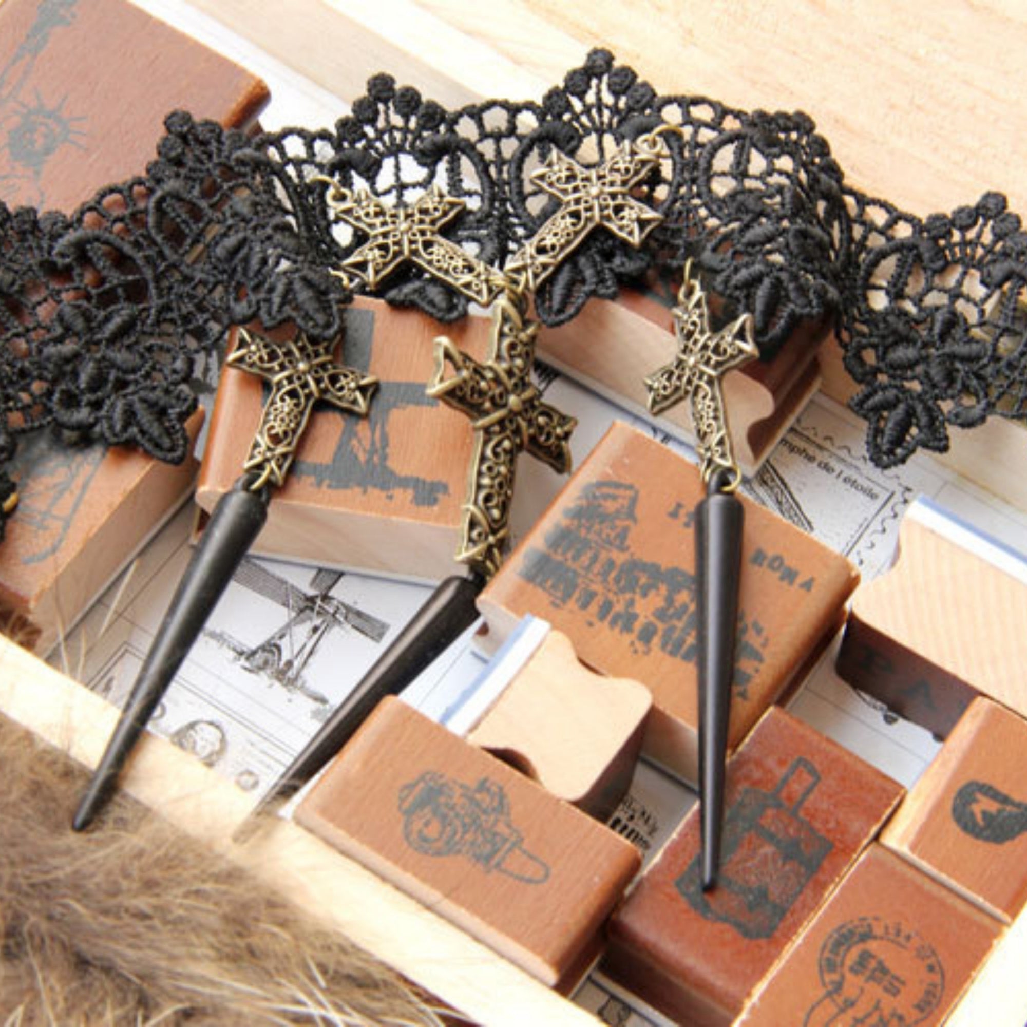 Gothic Punk Black Lace Choker Necklace | 5 Antique Bronze Filigree Cross Black Spike Drop Dark Halloween Jewelry