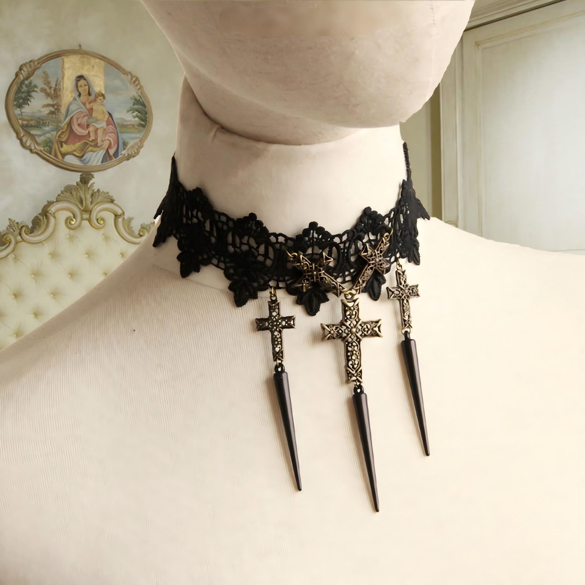 Gothic Punk Black Lace Choker Necklace | 5 Antique Bronze Filigree Cross Black Spike Drop Dark Halloween Jewelry