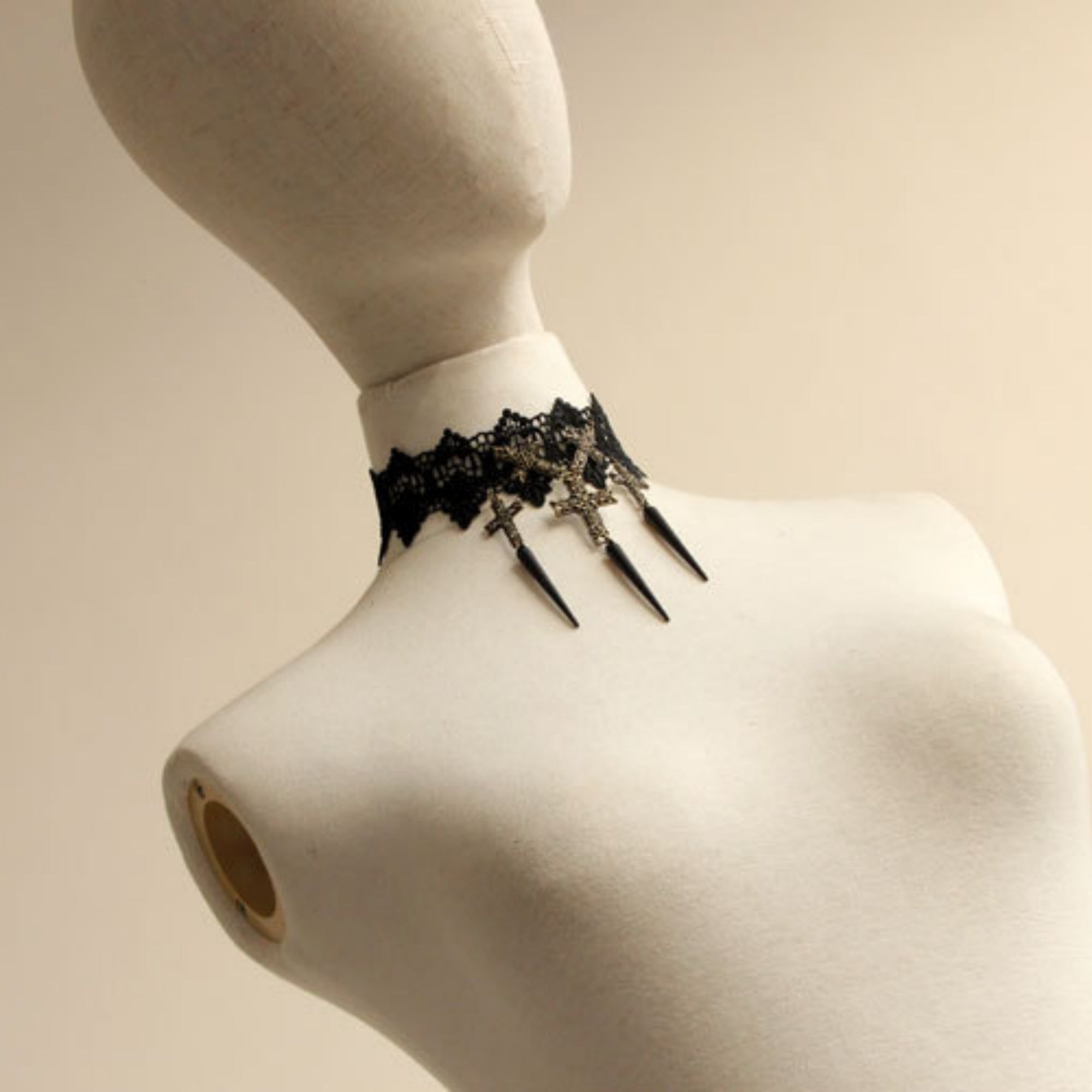 Gothic Punk Black Lace Choker Necklace | 5 Antique Bronze Filigree Cross Black Spike Drop Dark Halloween Jewelry