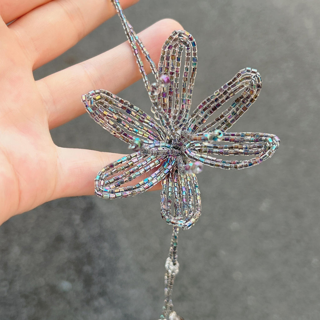 Handmade 3D Silver Aurora Iridescent Lily Flower Beaded Keychain | Metallic Rainbow Tube Bead Bag Charm