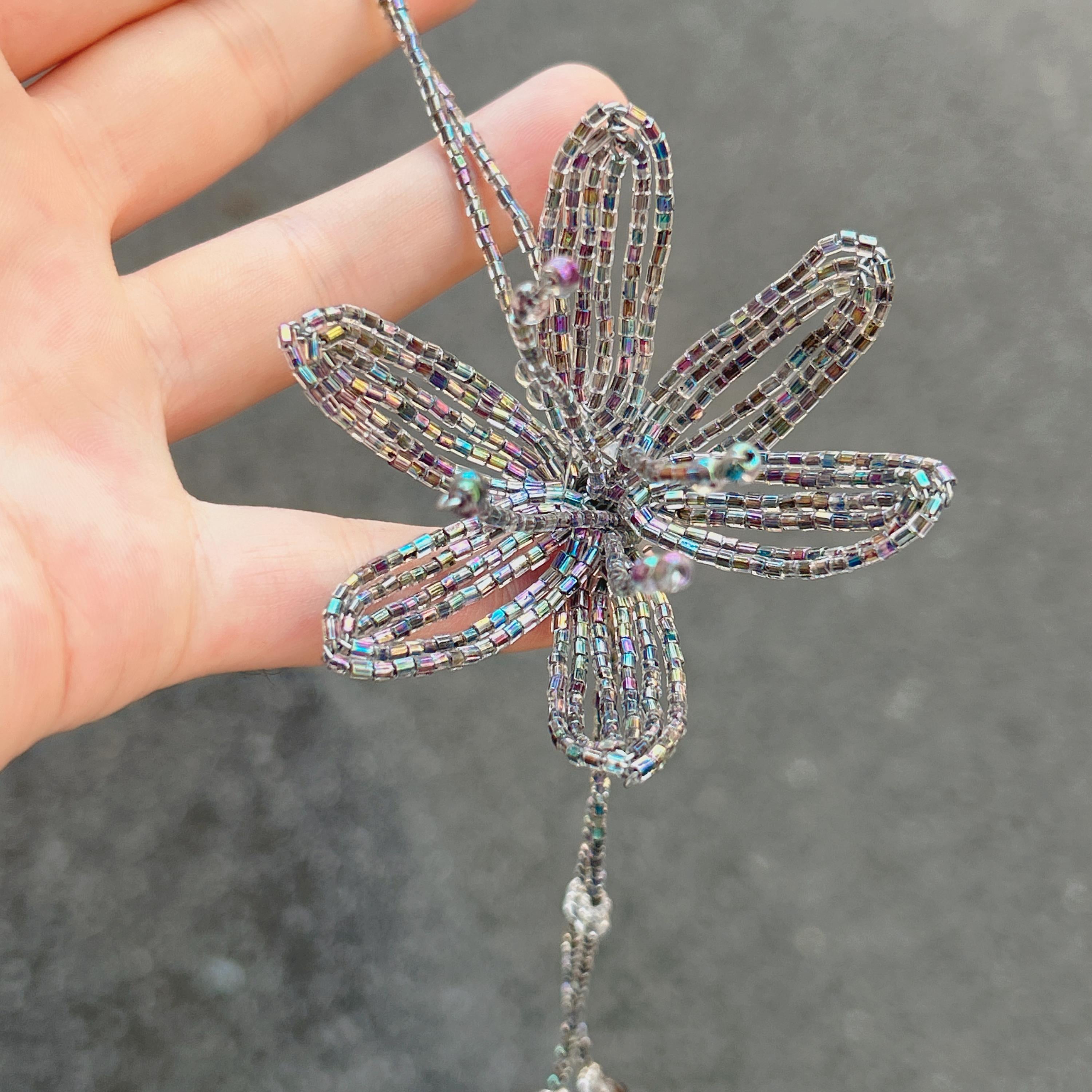 Handmade 3D Silver Aurora Iridescent Lily Flower Beaded Keychain | Metallic Rainbow Tube Bead Bag Charm