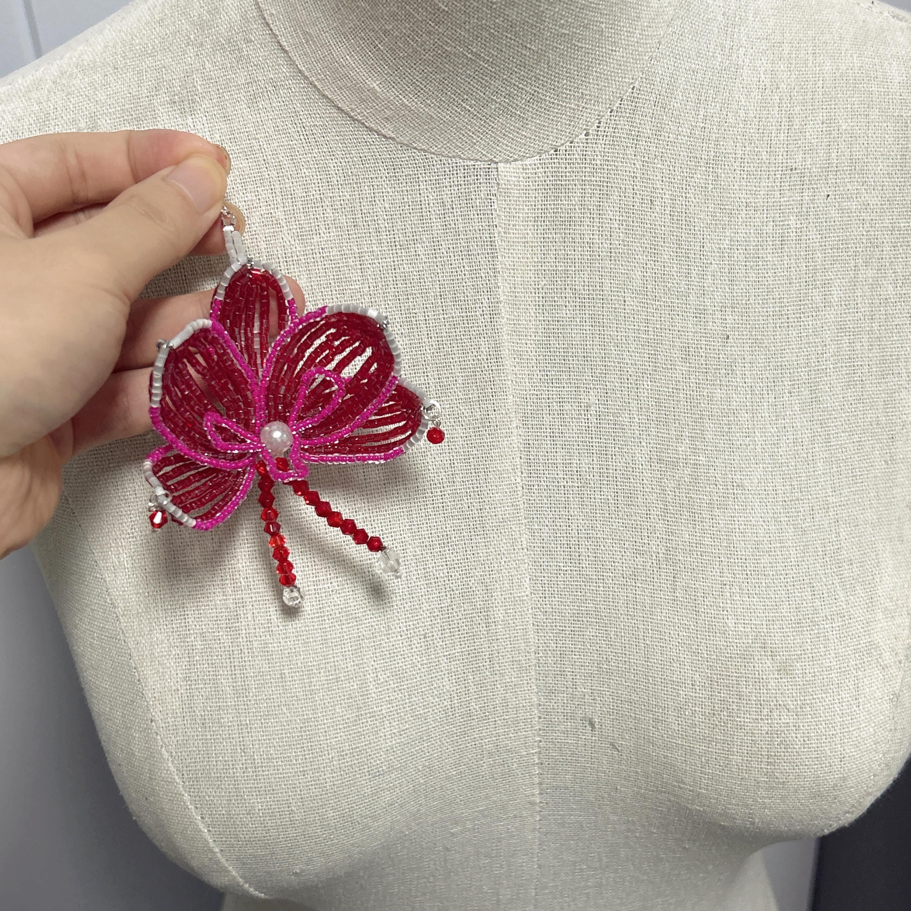 Handmade 3D Crimson & Rose Orchid Beaded Keychain | Pearl Center Red Crystal Tassel Bag Charm Statement