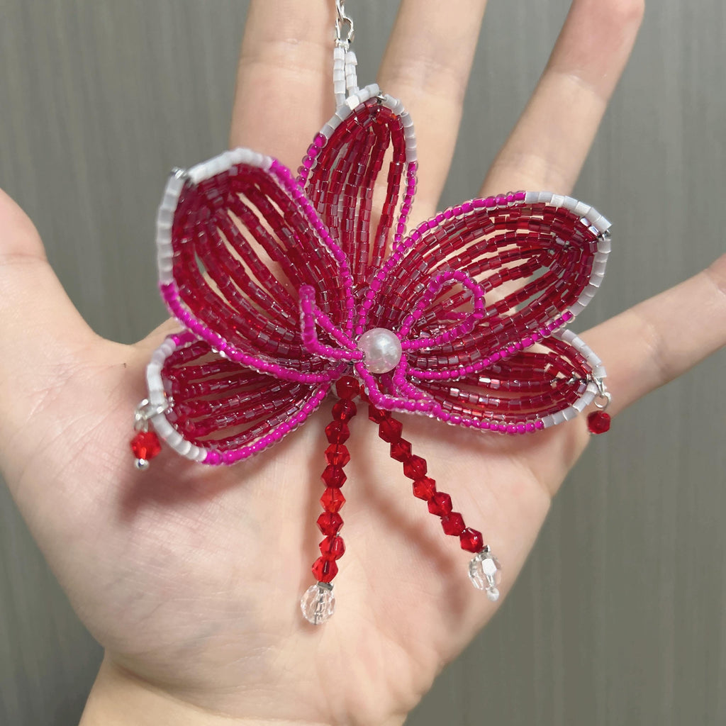 Handmade 3D Crimson & Rose Orchid Beaded Keychain | Pearl Center Red Crystal Tassel Bag Charm Statement