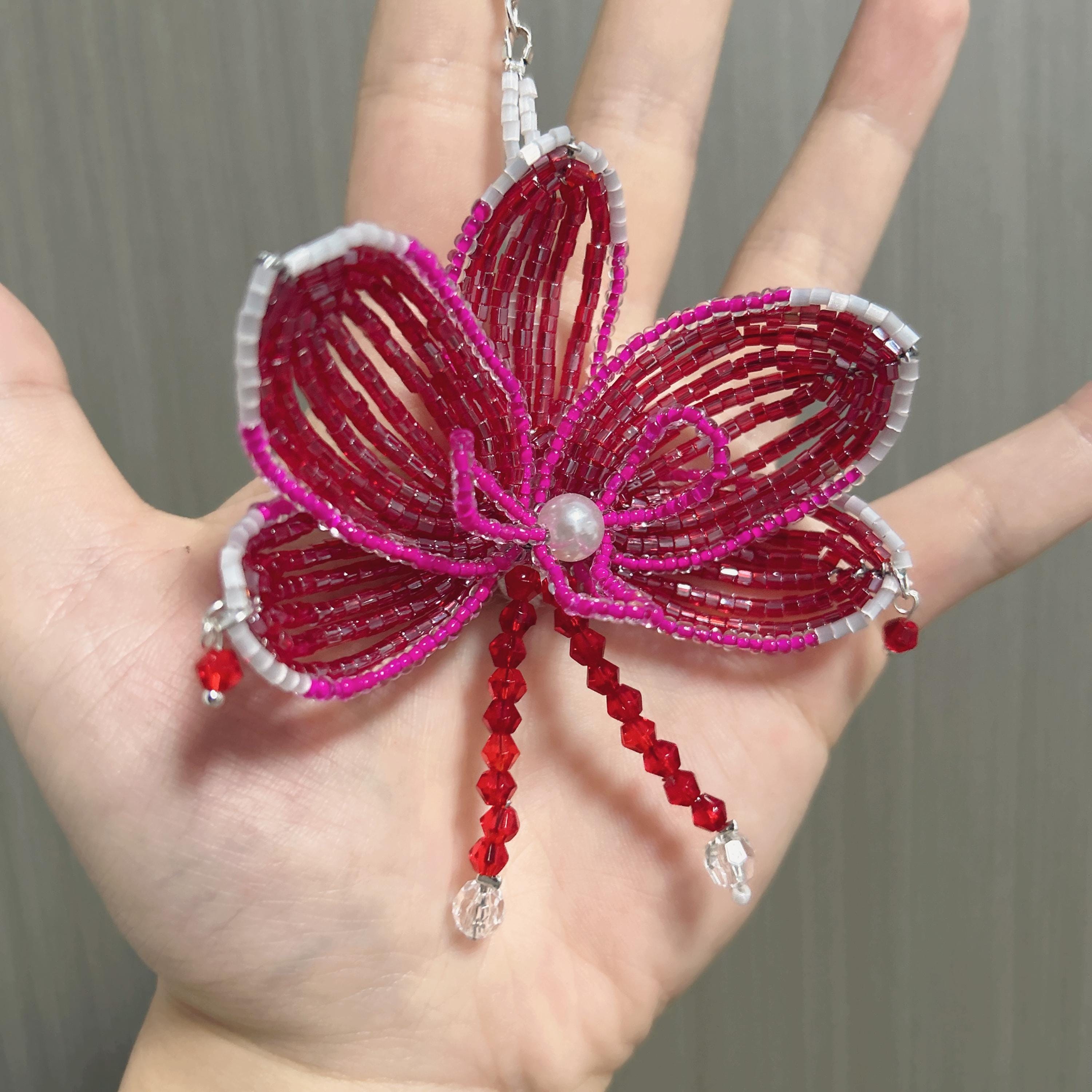 Handmade 3D Crimson & Rose Orchid Beaded Keychain | Pearl Center Red Crystal Tassel Bag Charm Statement
