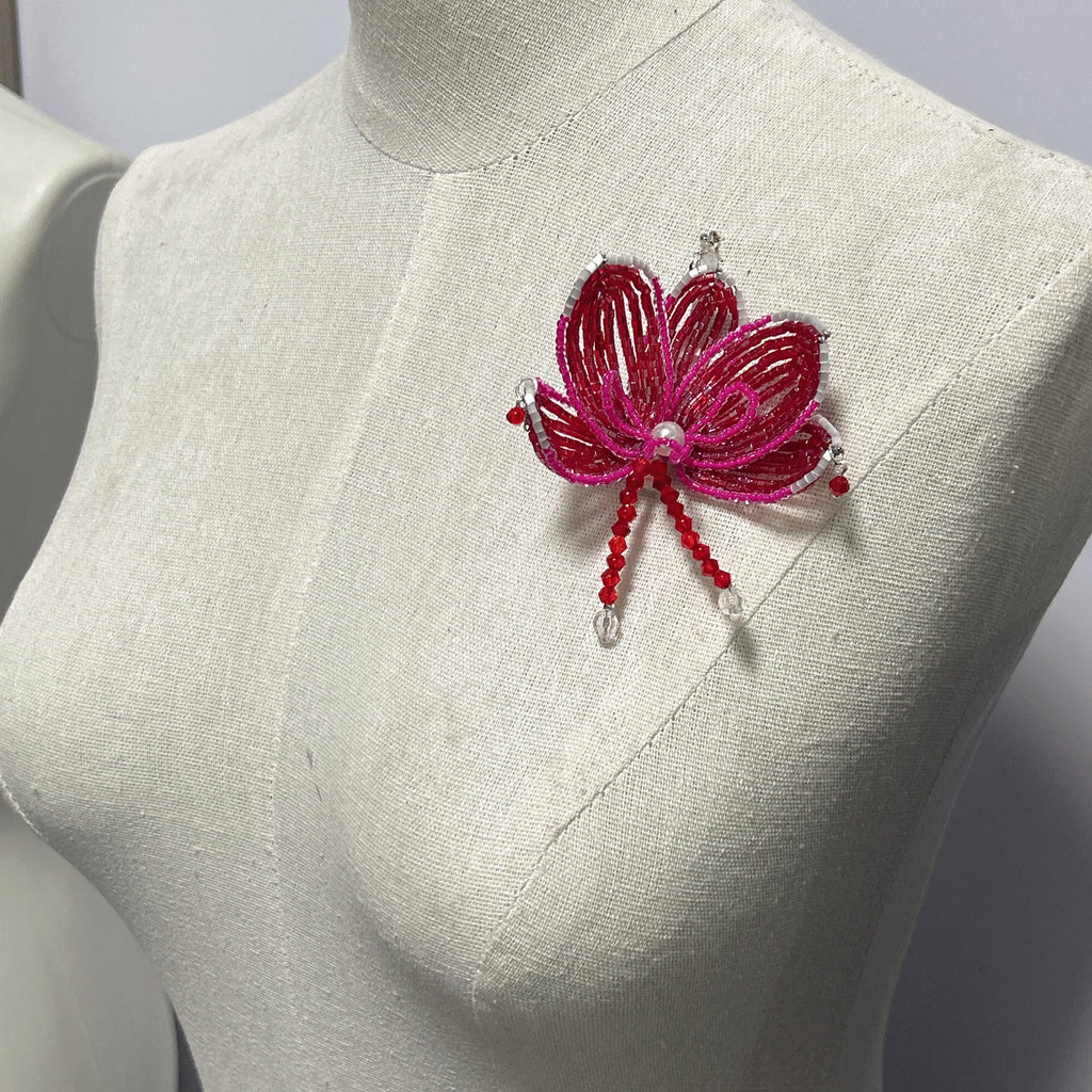 Handmade 3D Crimson & Rose Orchid Beaded Keychain | Pearl Center Red Crystal Tassel Bag Charm Statement