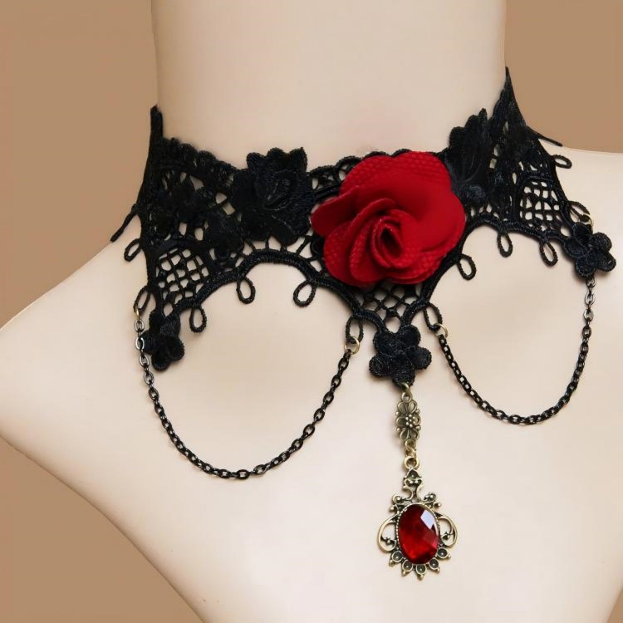 Gothic Black Lace Red Rose Choker Necklace | Antique Bronze Ruby Oval Pendant Chain Dark Romance Halloween Jewelry