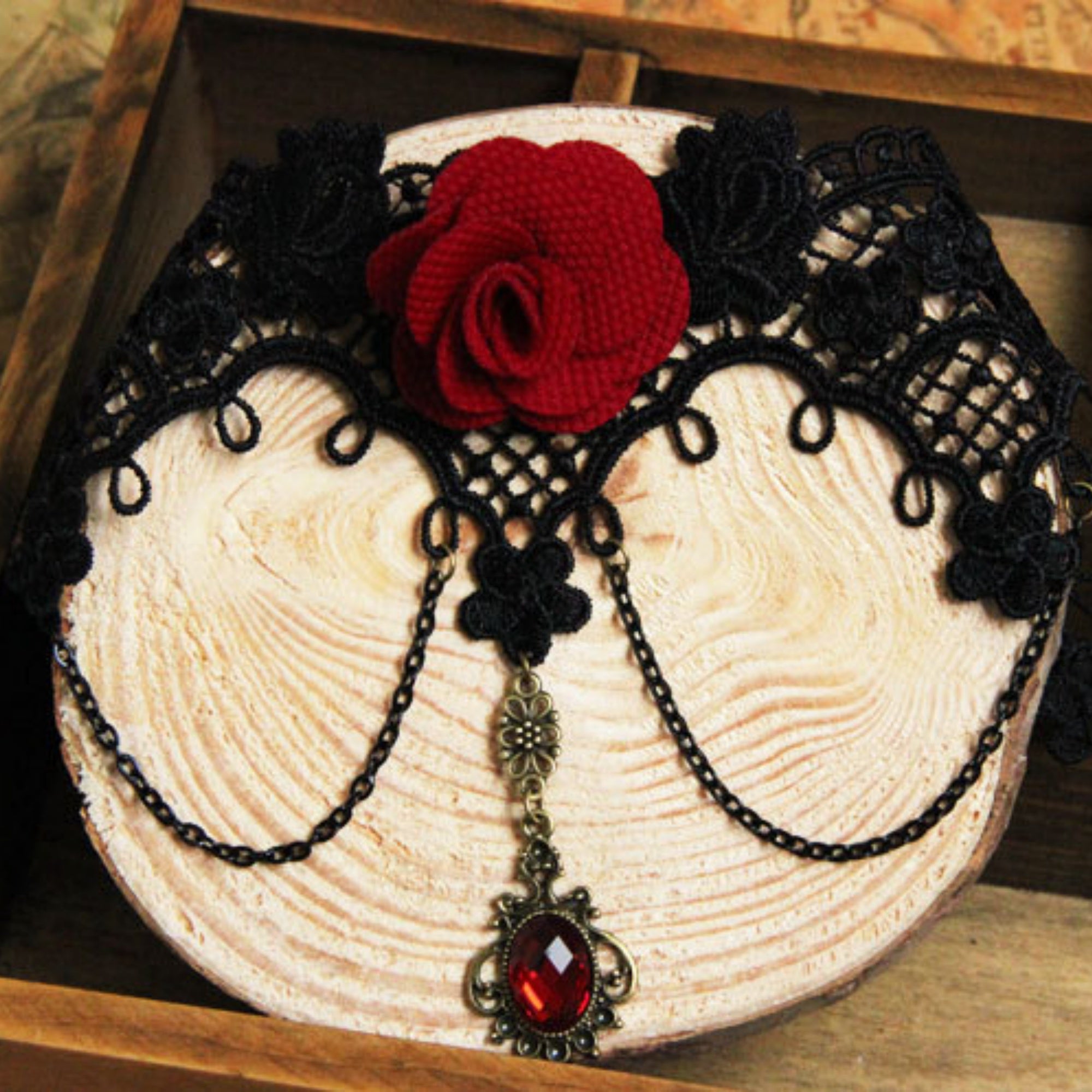 Gothic Black Lace Red Rose Choker Necklace | Antique Bronze Ruby Oval Pendant Chain Dark Romance Halloween Jewelry