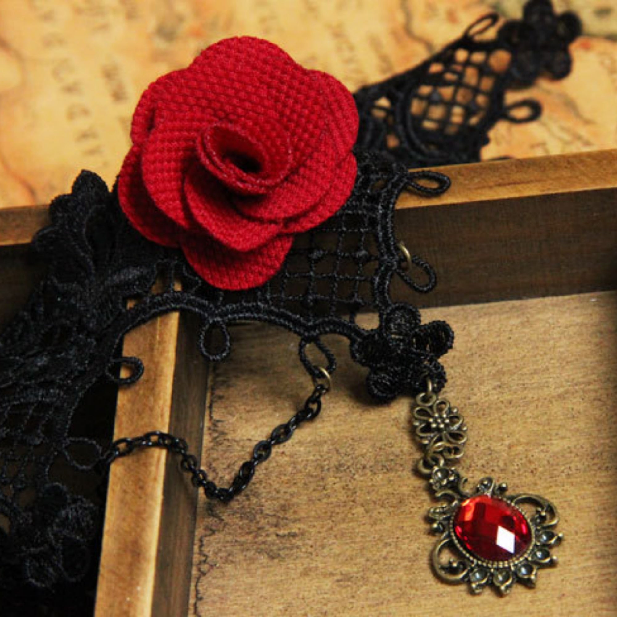Gothic Black Lace Red Rose Choker Necklace | Antique Bronze Ruby Oval Pendant Chain Dark Romance Halloween Jewelry