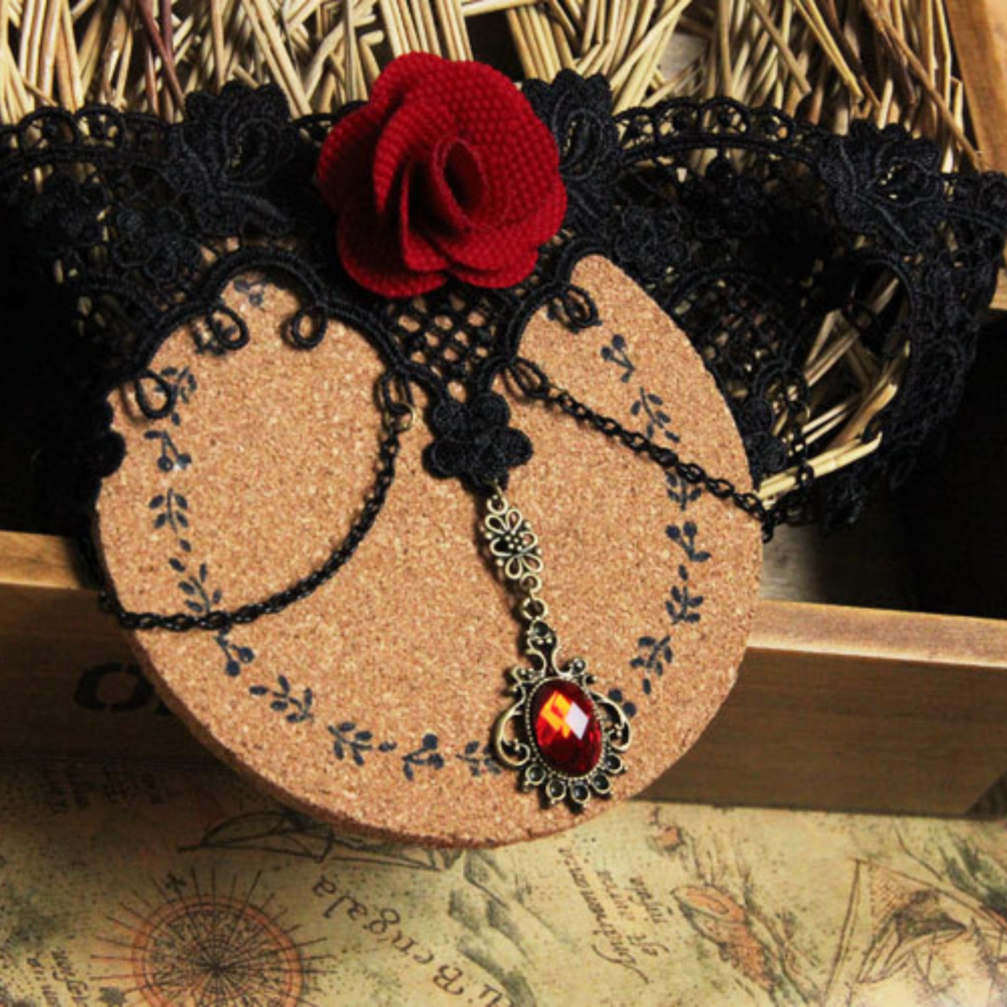 Gothic Black Lace Red Rose Choker Necklace | Antique Bronze Ruby Oval Pendant Chain Dark Romance Halloween Jewelry