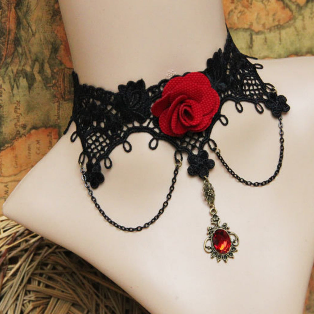 Gothic Black Lace Red Rose Choker Necklace | Antique Bronze Ruby Oval Pendant Chain Dark Romance Halloween Jewelry