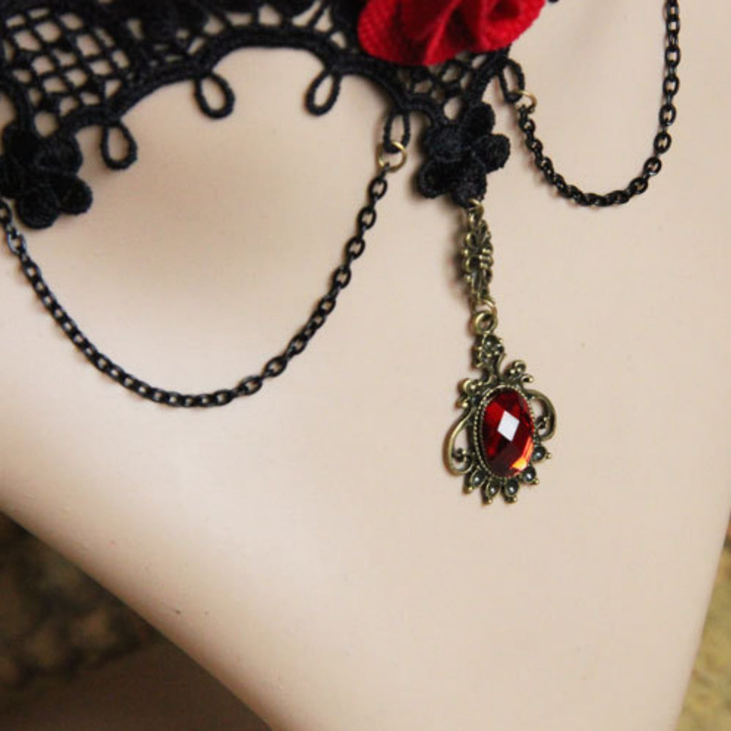 Gothic Black Lace Red Rose Choker Necklace | Antique Bronze Ruby Oval Pendant Chain Dark Romance Halloween Jewelry