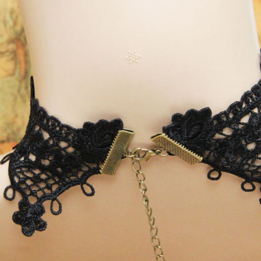 Gothic Black Lace Red Rose Choker Necklace | Antique Bronze Ruby Oval Pendant Chain Dark Romance Halloween Jewelry