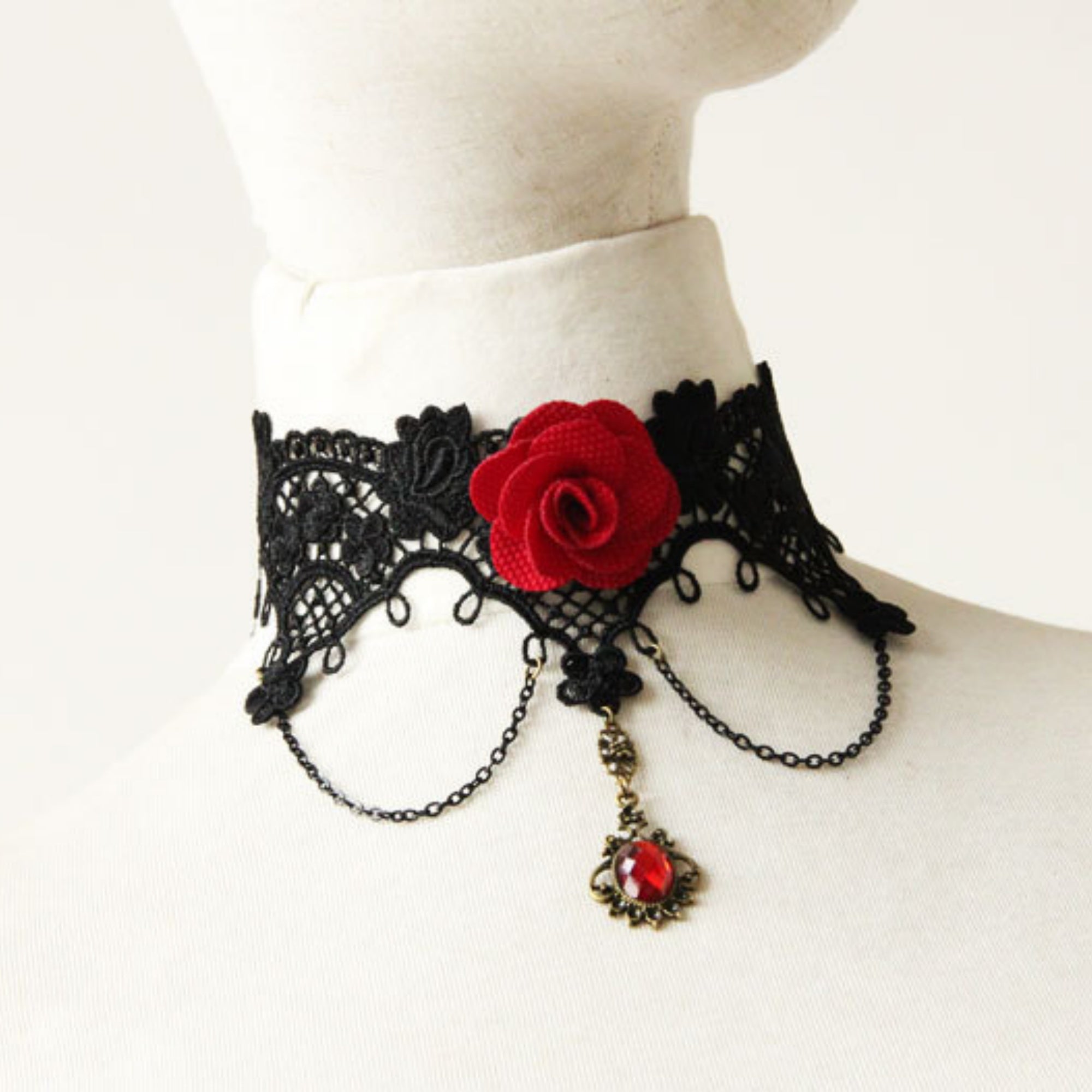 Gothic Black Lace Red Rose Choker Necklace | Antique Bronze Ruby Oval Pendant Chain Dark Romance Halloween Jewelry