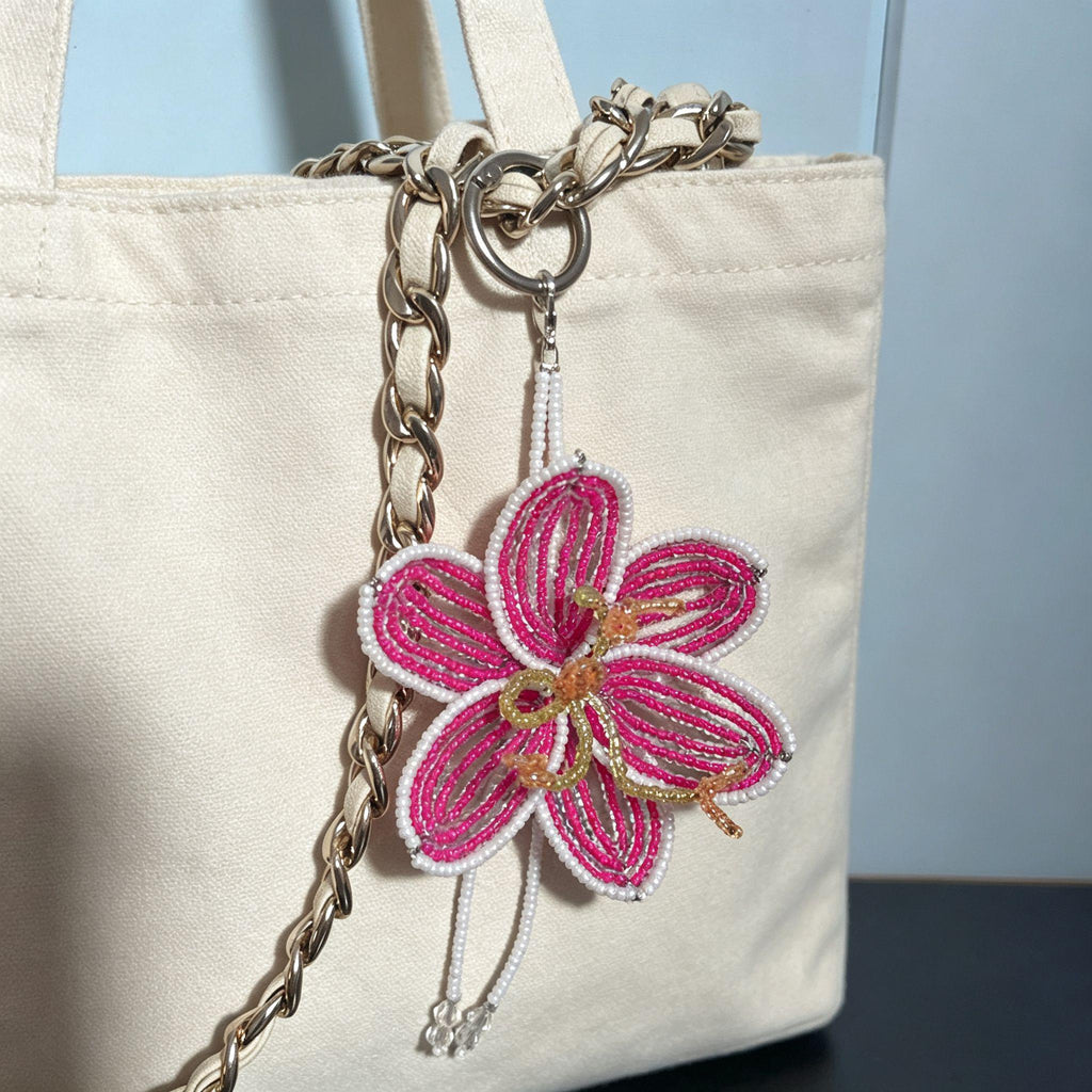 Handmade 3D Hot Pink & White Beaded Flower Bag Charm | Crystal Drop Tassel Keychain Fairycore Statement