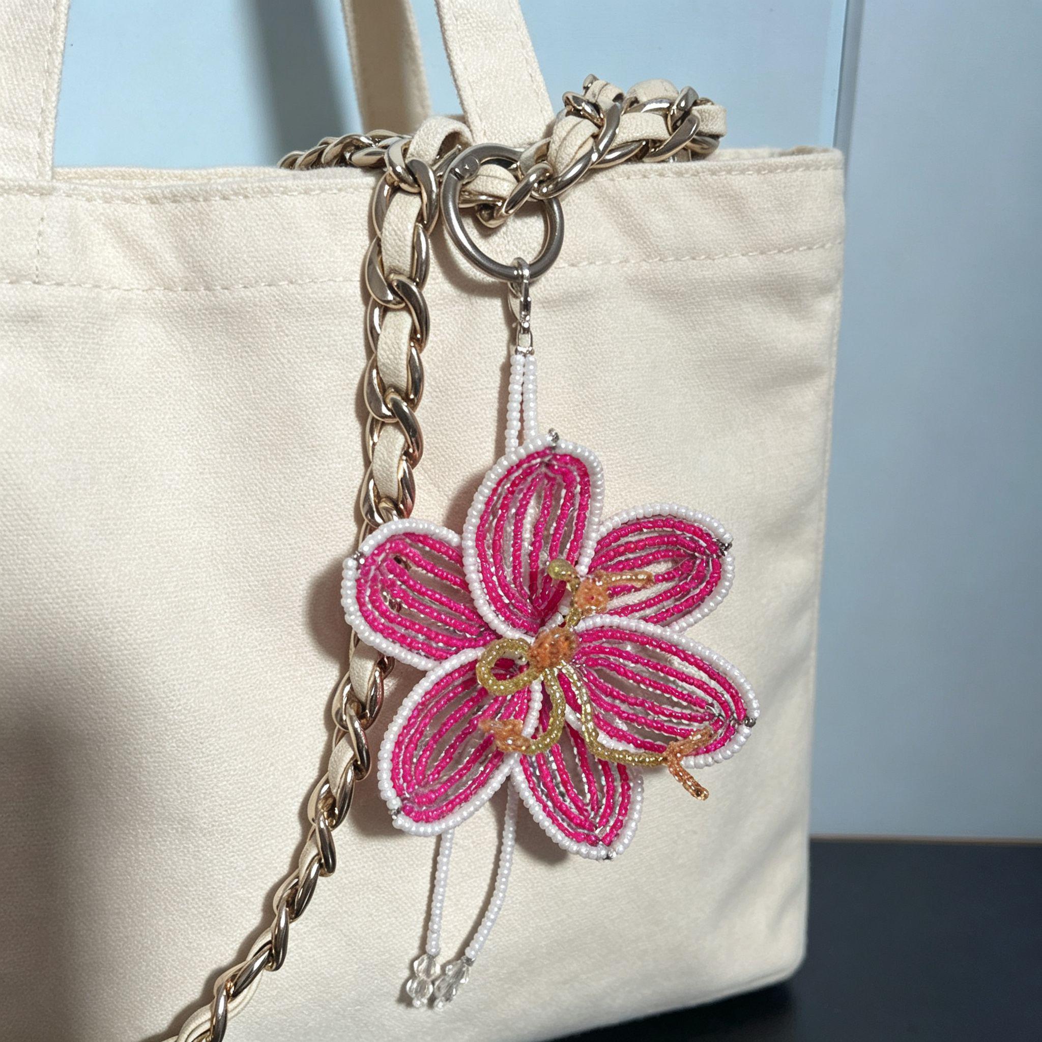 Handmade 3D Hot Pink & White Beaded Flower Bag Charm | Crystal Drop Tassel Keychain Fairycore Statement
