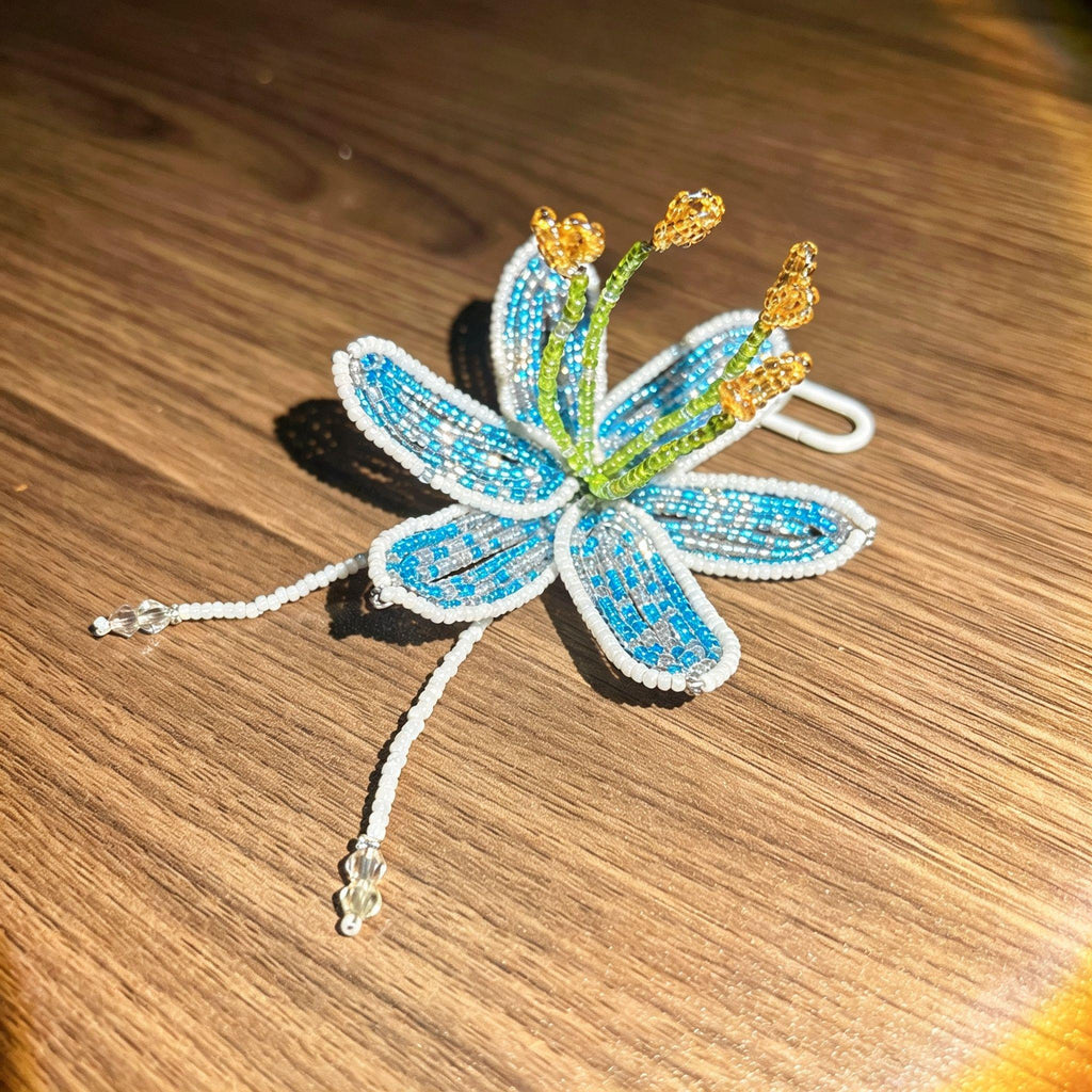 Handmade 3D Blue & White Beaded Lily Flower Keychain | Green Stem Amber Stamen Crystal Drop Bag Charm