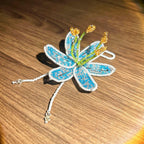 Handmade 3D Blue & White Beaded Lily Flower Keychain | Green Stem Amber Stamen Crystal Drop Bag Charm