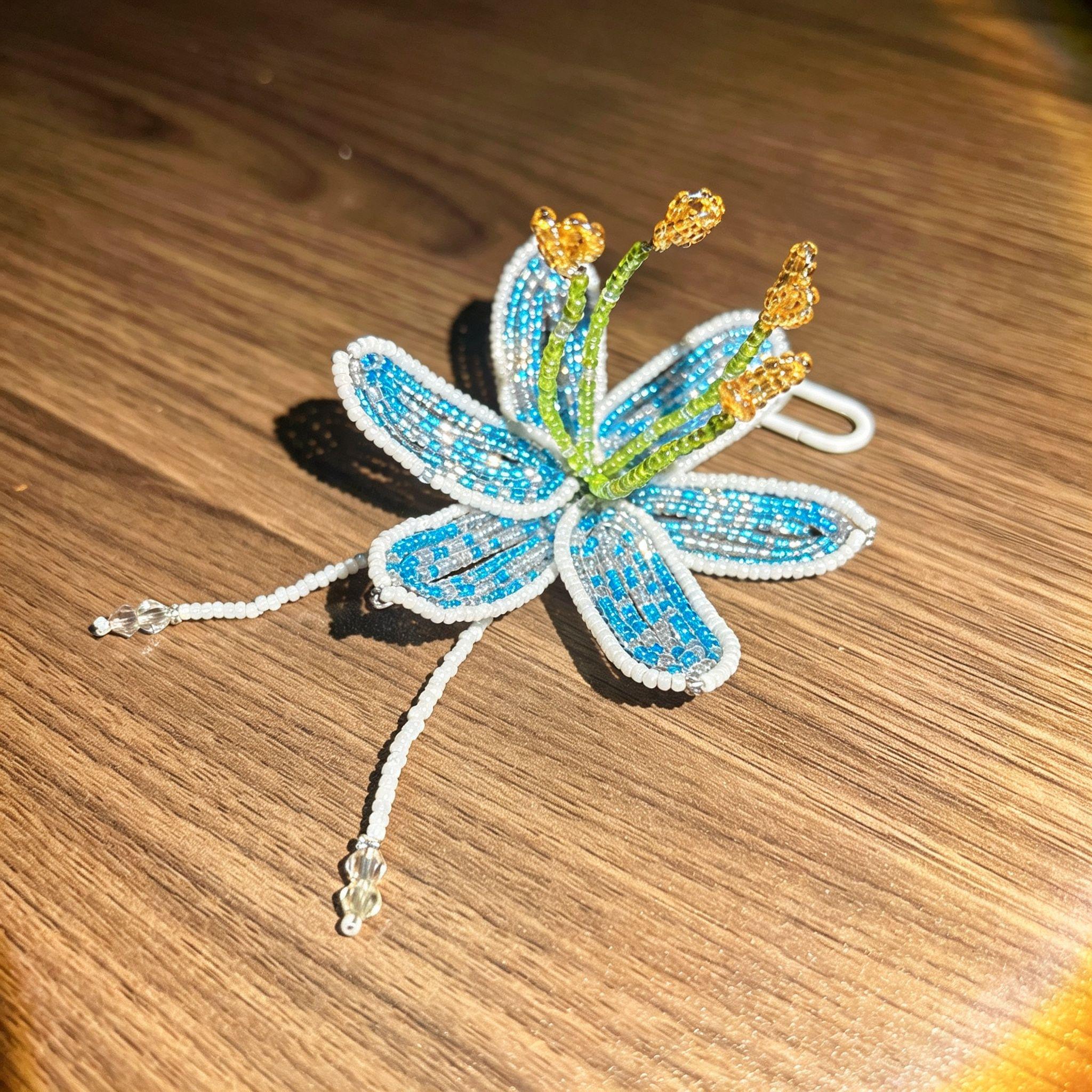 Handmade 3D Blue & White Beaded Lily Flower Keychain | Green Stem Amber Stamen Crystal Drop Bag Charm